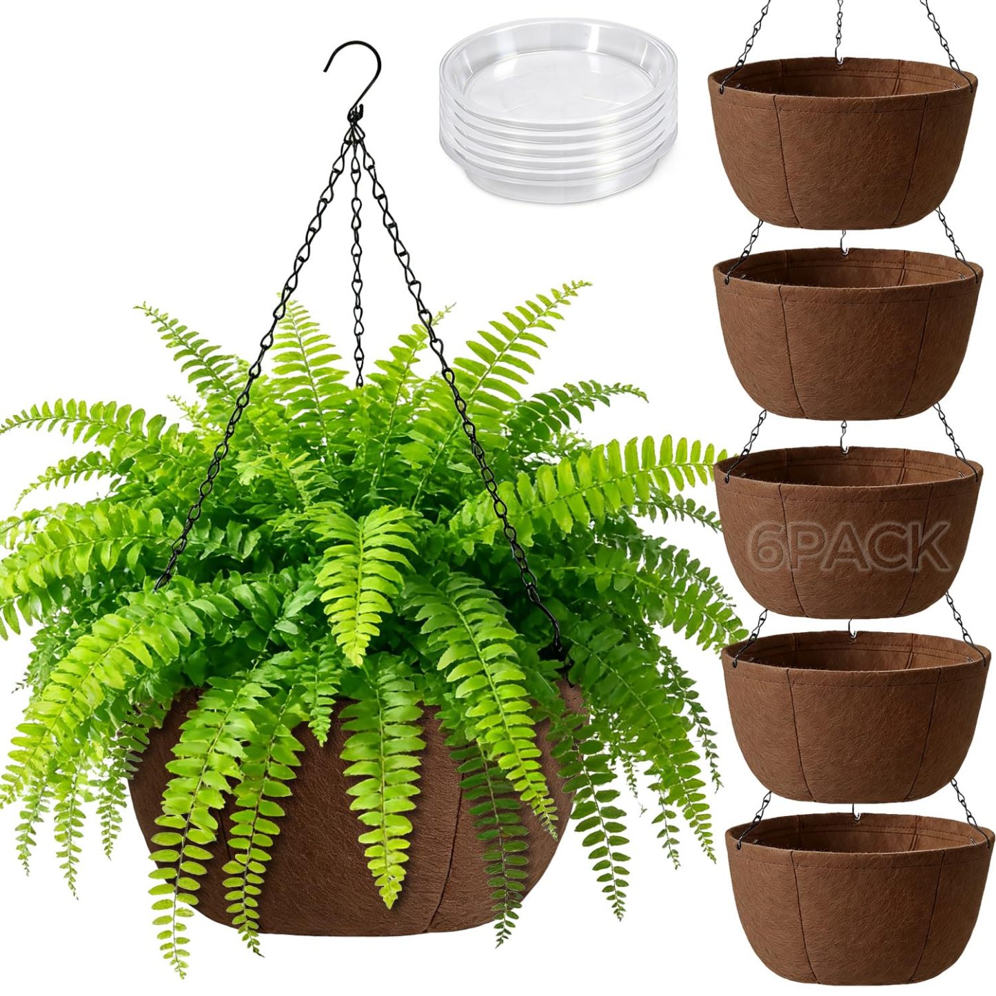 6 Pack 12 Inch Fabric Hanging Planters, Soft Hanging Baskets with Drainage Tray, Breathable Hanging Plant Pots for Outdoor Patio Porch Garden Decor