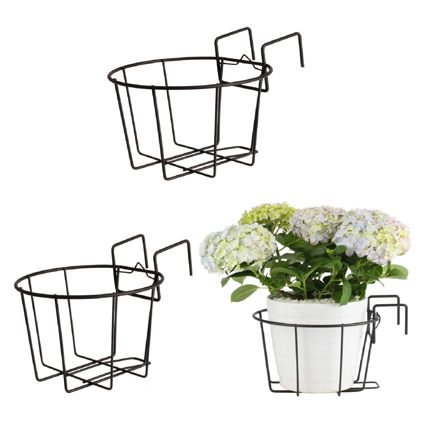 3 Pack 10 Inch Metal Railing Planter, Outdoor Balcony Fence Hanging Basket, Heavy Duty Flower Pot Holder Stand for Indoor Porch Garden Plants
