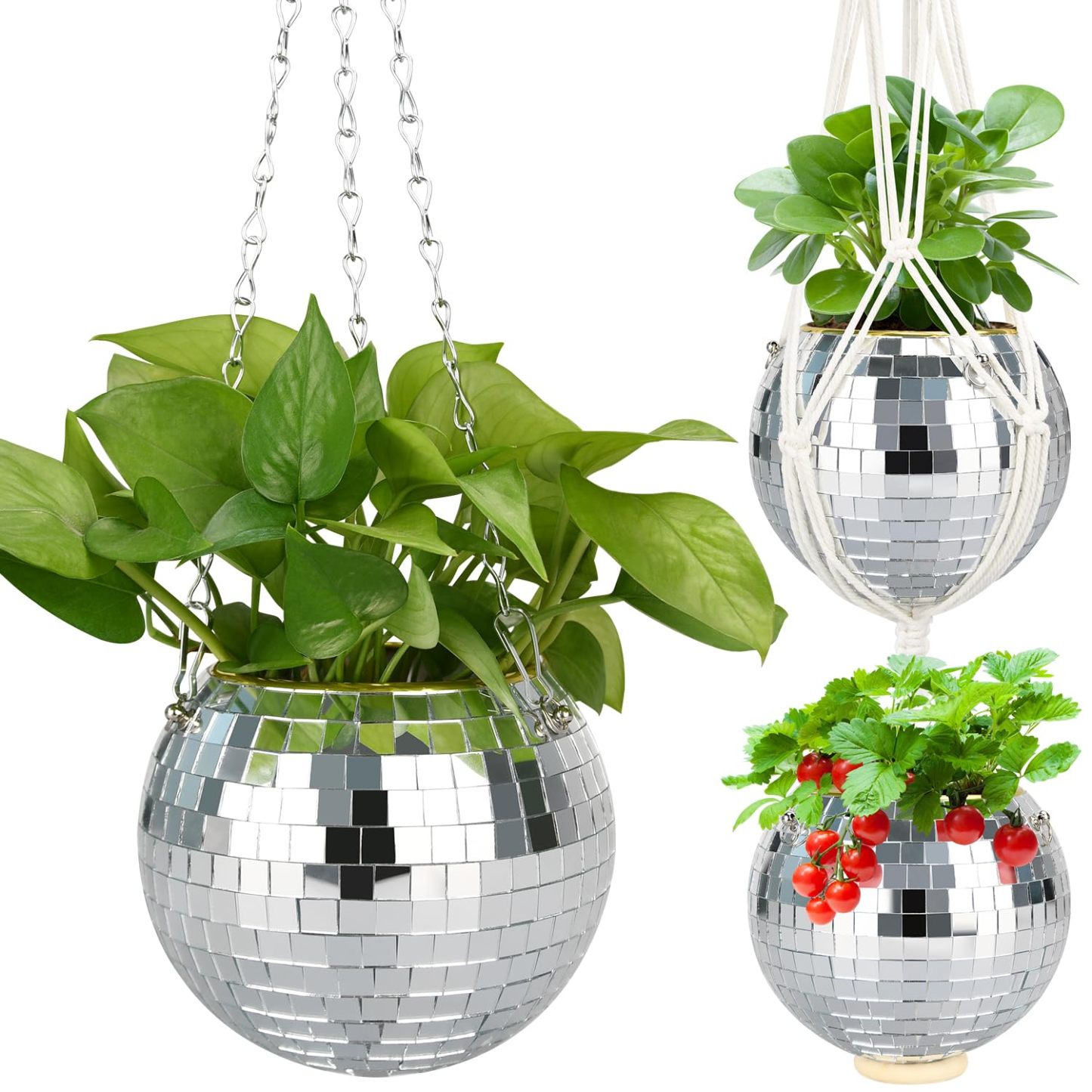6 Inch Disco Ball Planter, Hanging Disco Ball Plant Hanger with Rope, Chain, Hook and Extra Mirror Pieces