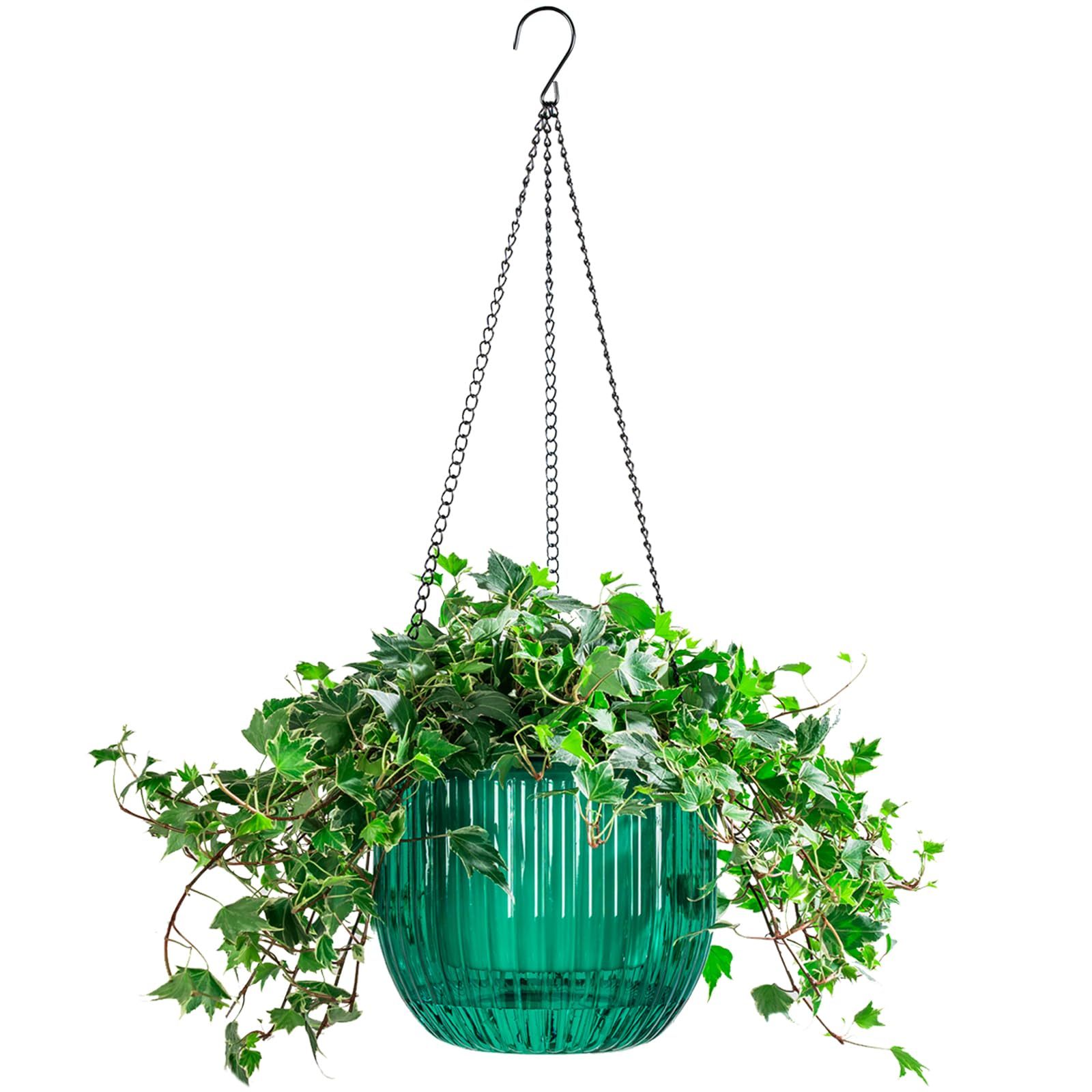 1 Pack 8.3 Inch Self Watering Hanging Planter, Indoor Outdoor Hanging Flower Pot Basket with 3 Hooks and Drainage Holes for Home Garden Decor