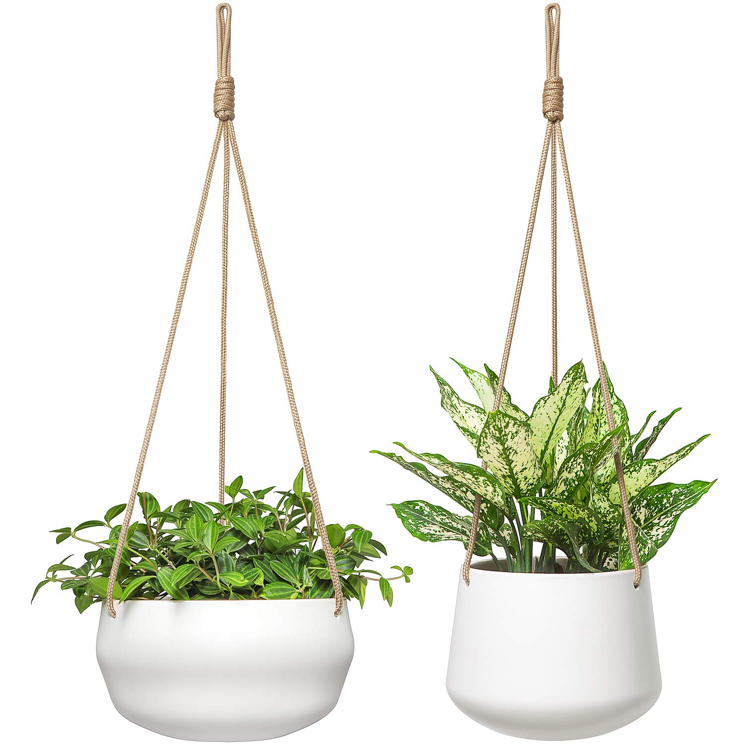 Set of 2 Ceramic Hanging Planters, Modern Geometric Porcelain Hanging Basket, 8 Inch Shallow & 6 Inch Deep Plant Pot with Polyester Rope Hanger for Indoor Outdoor Plants