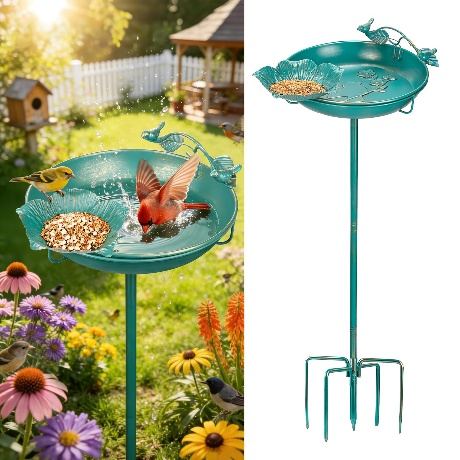 Lake Blue Gold Gilding Metal Bird Bath, 12" Diameter 39" Height Freestanding Birdbath with Perch and Feeder Bowl, Multi-Use Outdoor Decoration for Garden Patio Yard Lawn