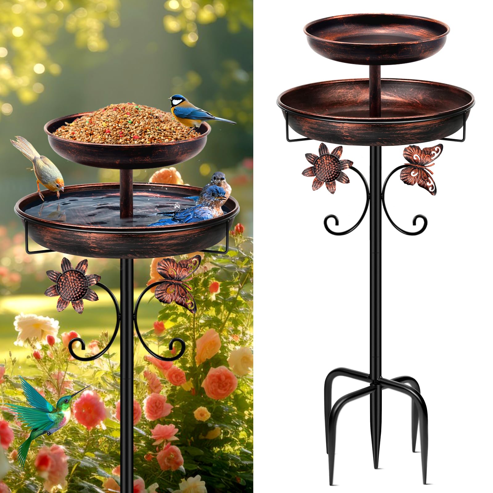 42 Inch Vintage Metal Bird Bath, Freestanding Double Bowl Bird Bath & Feeder with Upgraded 5-Pronged Base, Antique Bronze Outdoor Decor for Garden Patio Yard Lawn