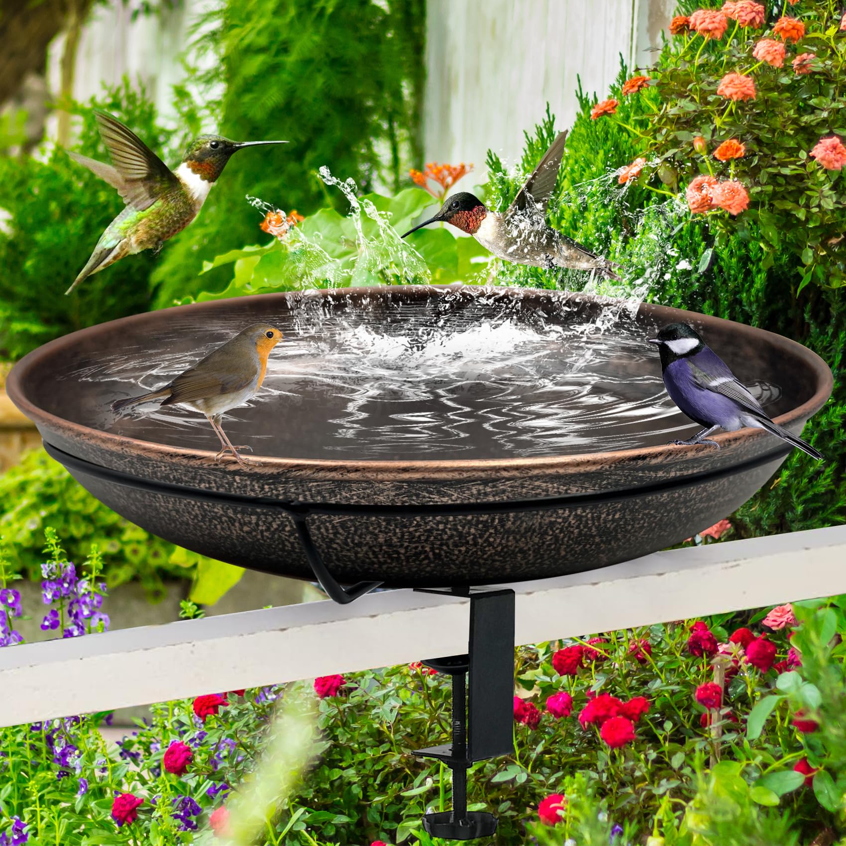 Deck Mounted Metal Bird Bath, 12" Detachable Easy Clean Bowl 0.7 Gallon, Adjustable Sturdy Clamp Birdbath for Railing Balcony Fence Outdoor Decor
