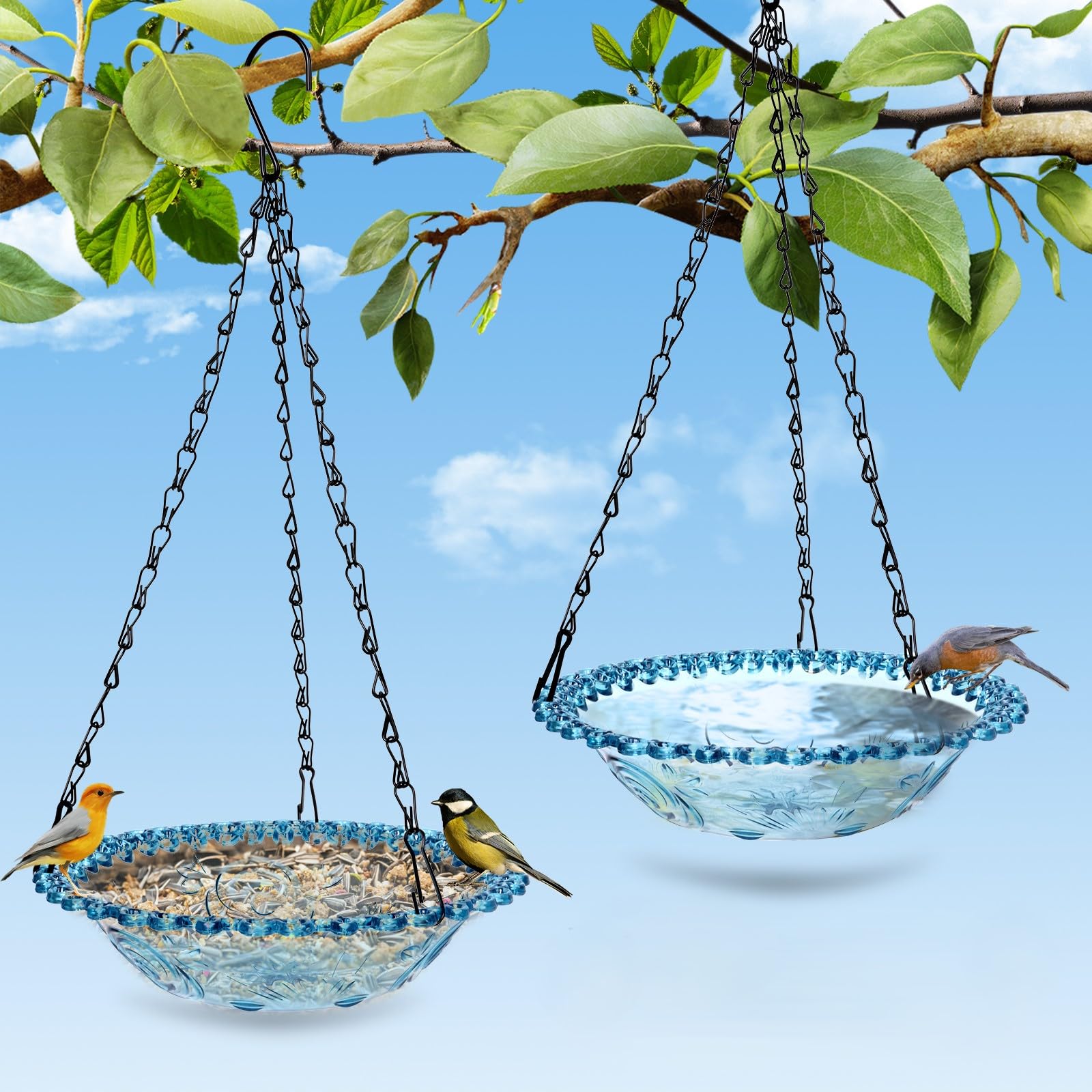 2 Pack Hanging Bird Baths, Blue Plastic Hanging Bird Feeders for Outdoors, Hanging Bird Water Bowl for Garden Yard Decor