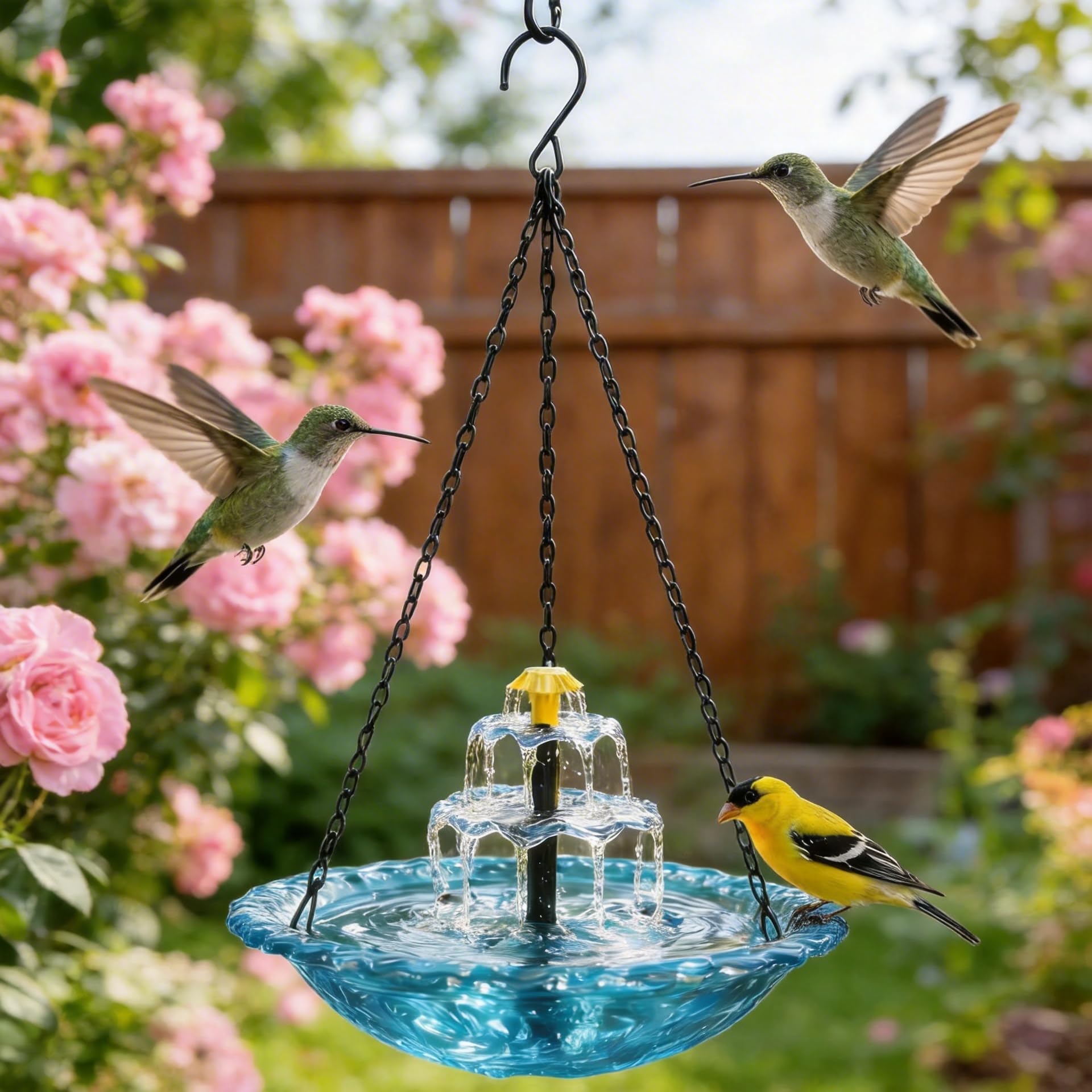 Upgrade 3-Layer Hanging Solar Bird Bath Fountain, Solar Powered Cascading Water Fountain, Outdoor Hummingbird Bath for Garden Yard Patio Backyard Lawn Decor