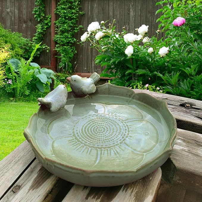 9.45 Inch Ceramic Bird Bath Bowl, Ground Mount Outdoor Bird Bath Feeder for Garden, Tabletop, Deck, Balcony & Lawn