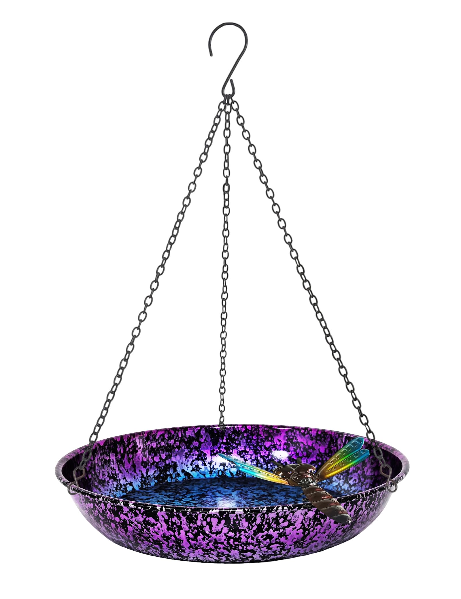 11 Inch Hanging Metal Bird Bath, Colorful Purple & Blue Bird Bath Bowl with Rust-Proof Black Chain, Dragonfly Yard Art Decor for Outdoor Garden