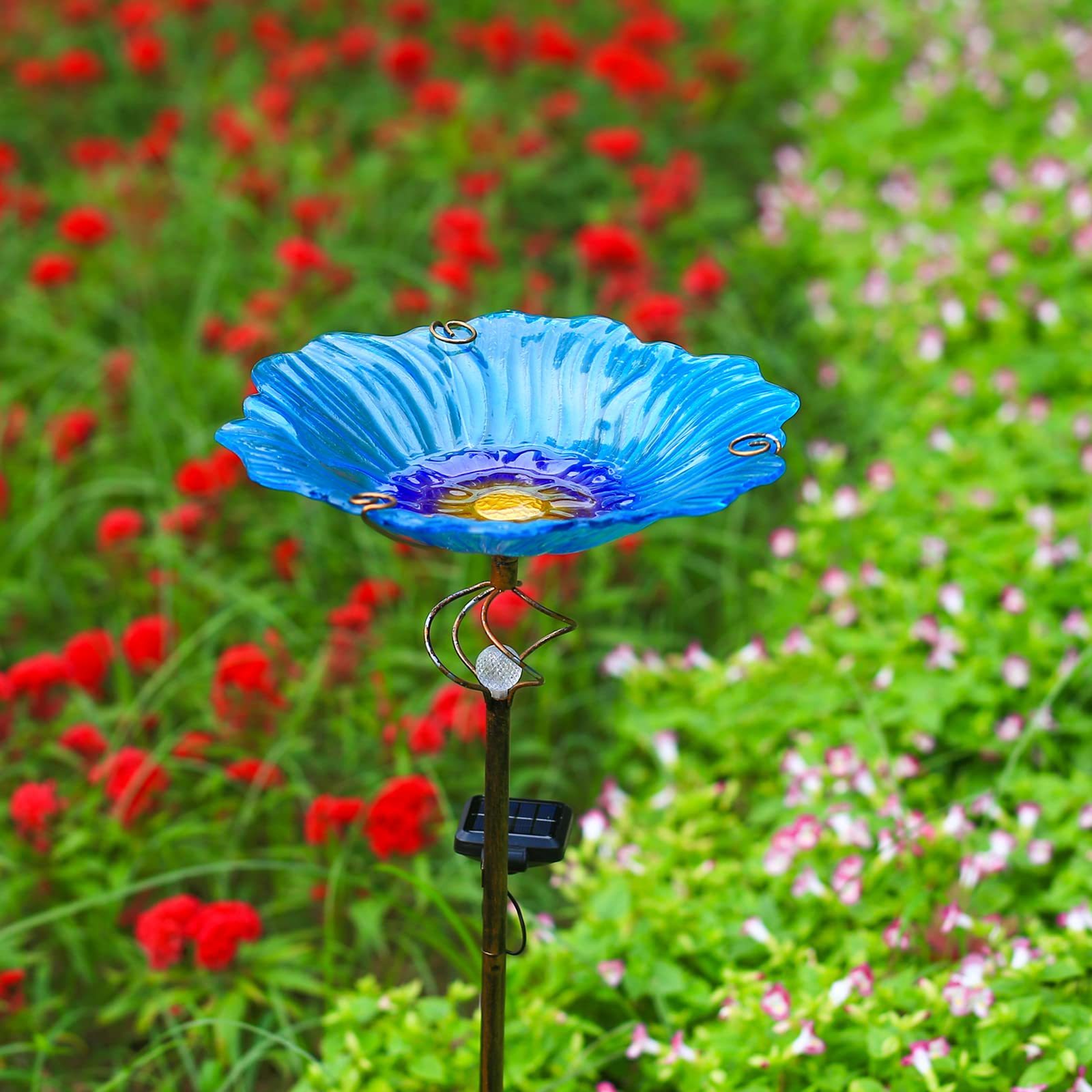 Solar Glass Blue Bird Bath with White LED Light, Metal Stake Yard Art Decor, Outdoor Garden Birdbath Decoration Gift