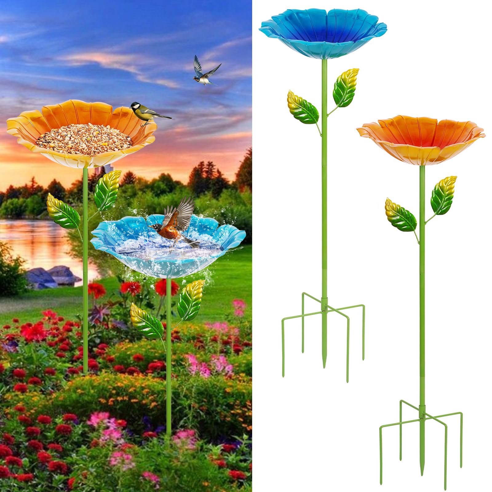 2 Pack Colorful Metal Bird Baths for Outdoors, Hummingbird Birdbath with 5 Ground Stakes, Decorative Garden Flower Bird Bath, 31.3" H x 10.63" Dia, Blue & Yellow