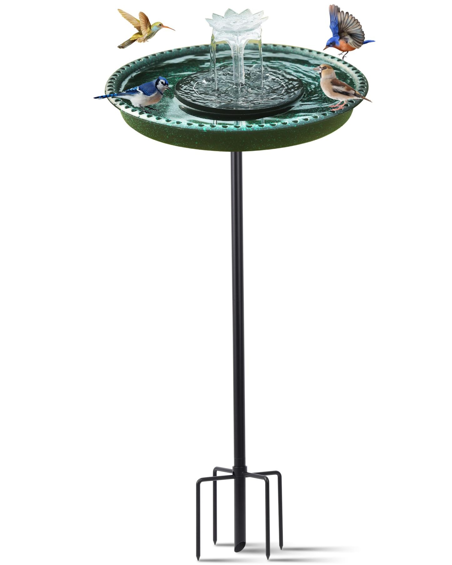Solar Powered Bird Bath Fountain for Hummingbirds, Plastic Outdoor Birdbath with 5-Prong Base Stake, Stylish Stable Design for Lawn Patio Yard Garden