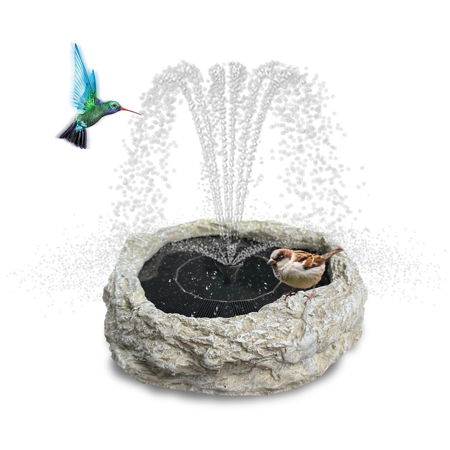 Resin Granite Rock Solar Fountain Pump for Bird Bath, Solar Panel Water Fountain with 5 Nozzles, Outdoor for Hummingbird Birdbath Fish Tank Pond