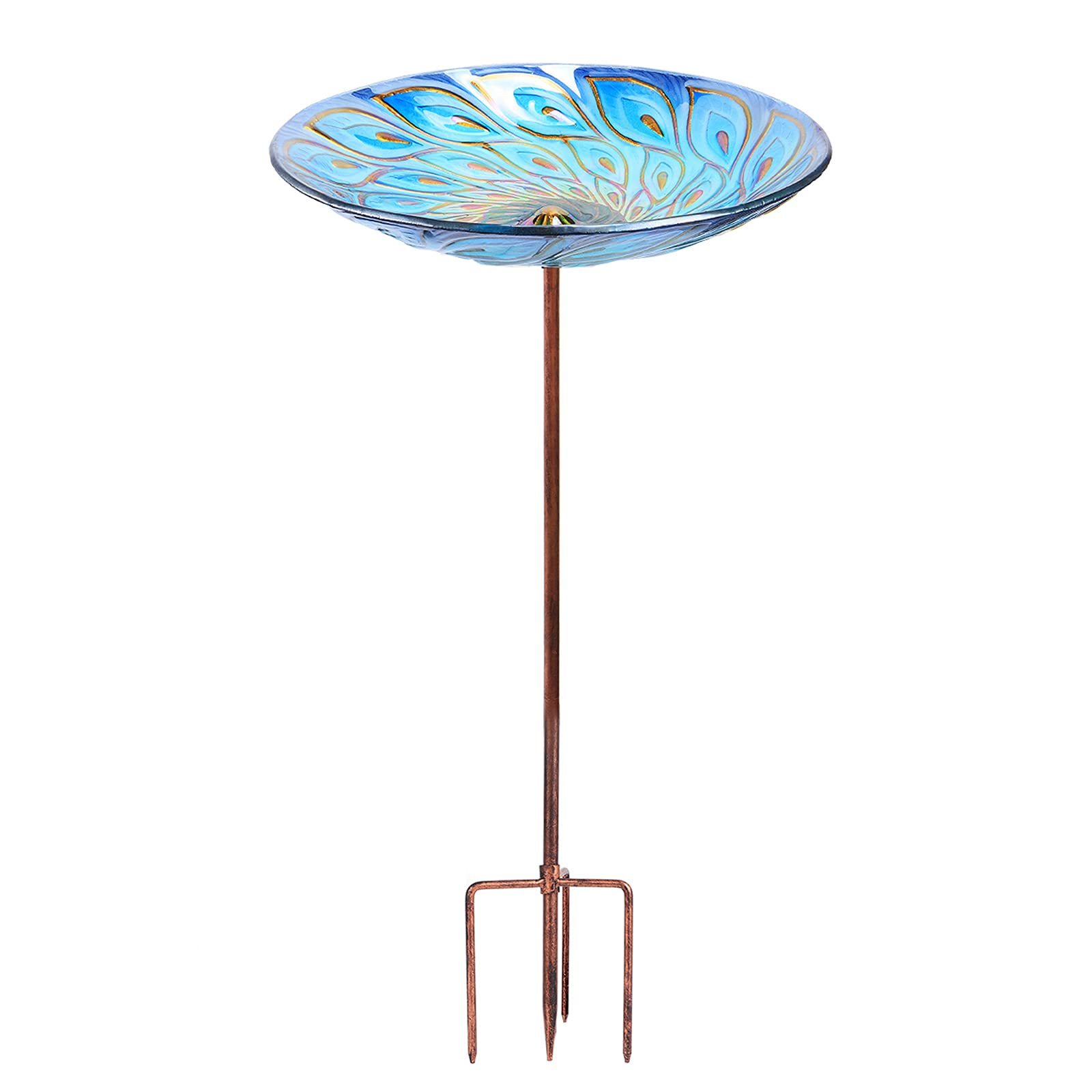 Peacock Glass Bird Bath, Outdoor Garden Bird Bath Birdfeeder with Metal Stake