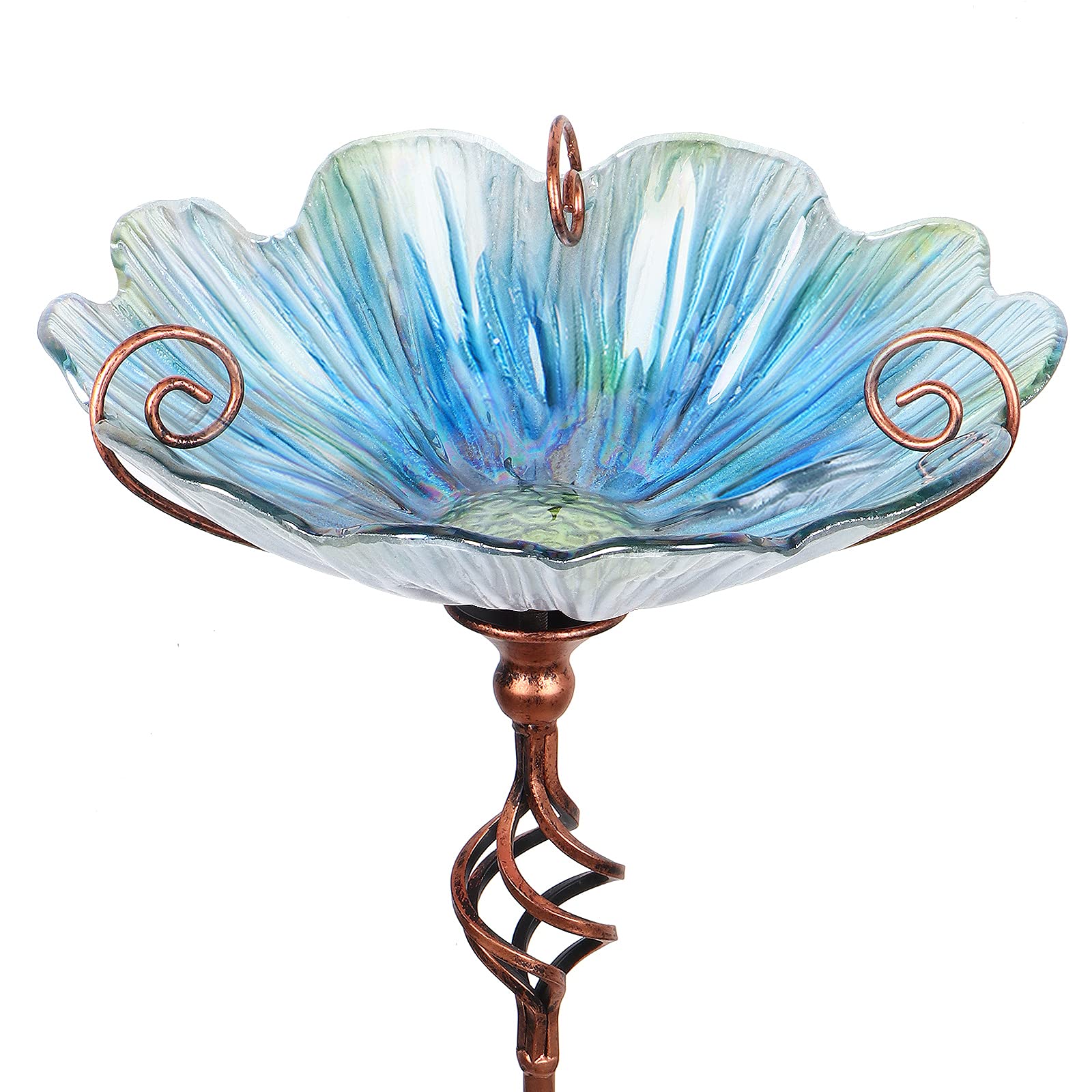 31 Inch Height Glass Birdbath Bird Feeder with Metal Stake, Blue Outdoor Garden Yard Decor