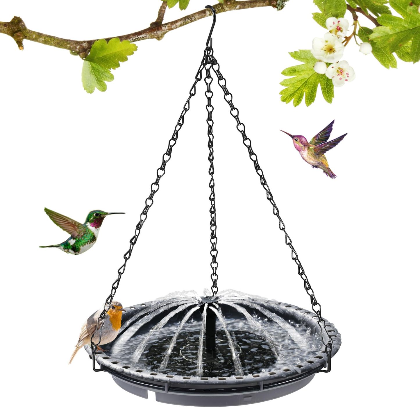 Hanging Solar Bird Bath Fountain, Solar Powered Hummingbird Water Fountain Pump Set with 4 Water Patterns for Garden Yard Patio Lawn
