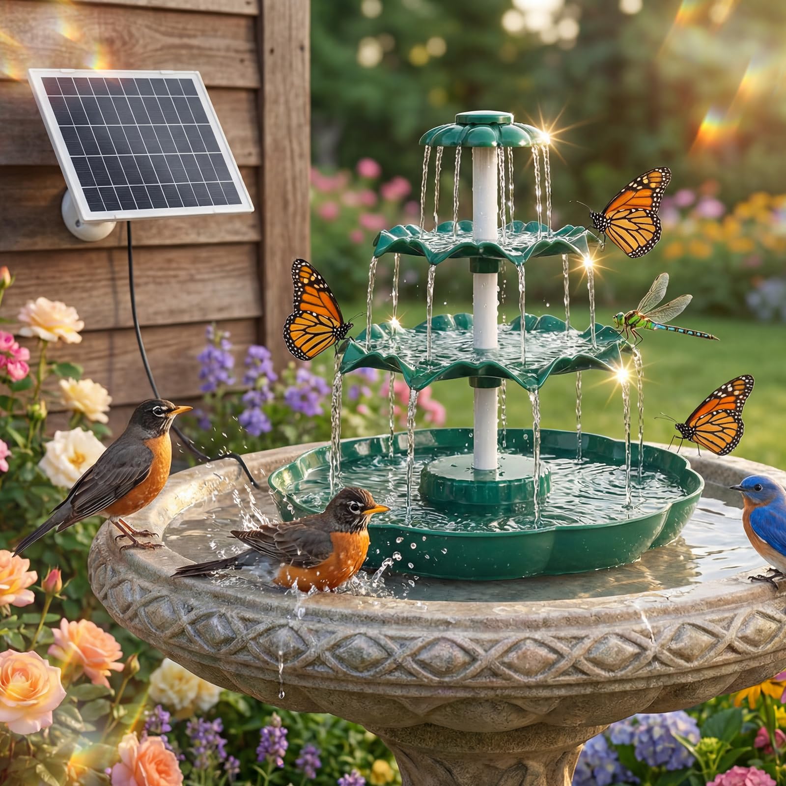 6.5W Solar Bird Bath Fountain, 3-Tiered Waterfall with 9 Water Streams, Detachable Solar Pump Resin Garden Bird Feeder Decor for Outdoor Yard Lawn