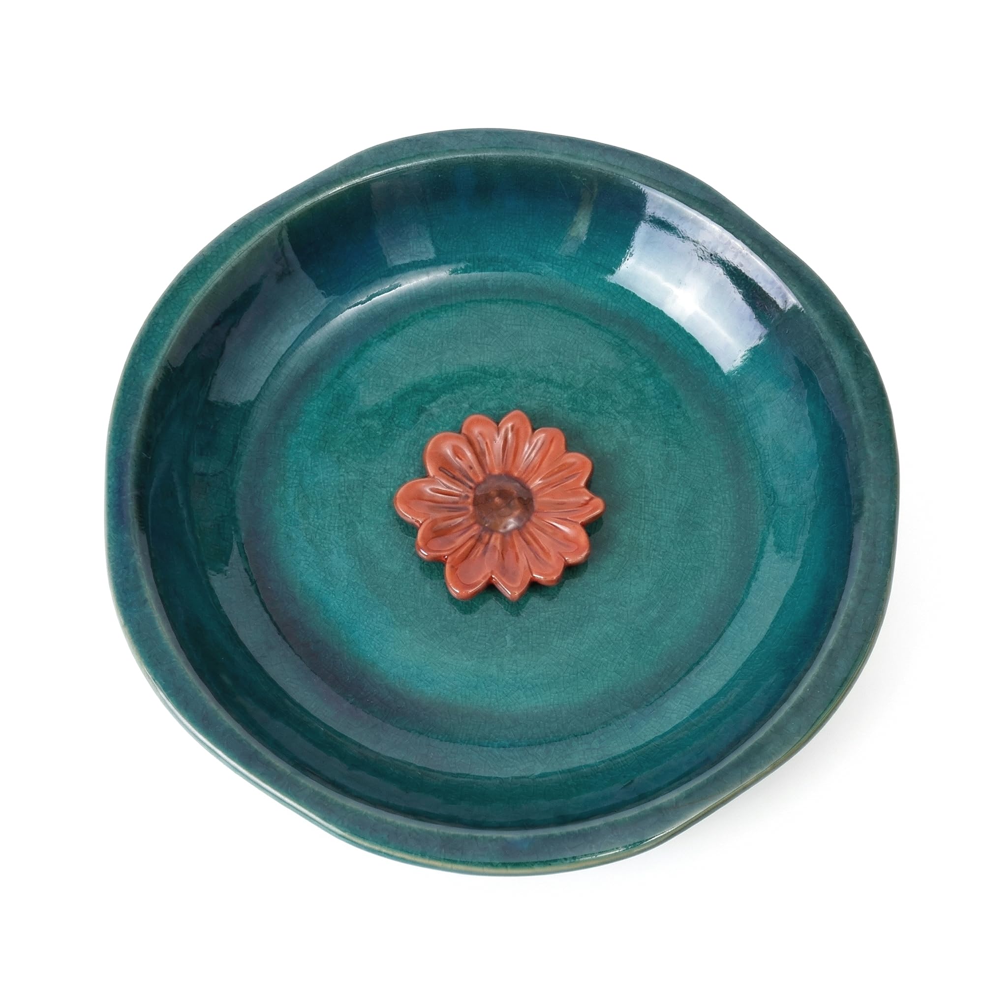 12.2 Inch Ceramic Bird Bath & Bird Feeder, 2" Deep Vintage Birdbath Bowl, Blue Red Flower Design for Garden Patio Yard Lawn Outdoor Decor