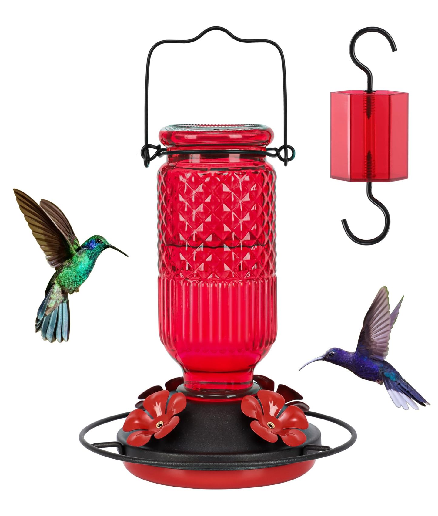 16oz Glass Hummingbird Feeder, Hanging Bird Feeder with Ant Moat, 4 Bee-Proof Feeding Ports & 360° Perch, Leak-Proof Red Design for Outdoor Garden