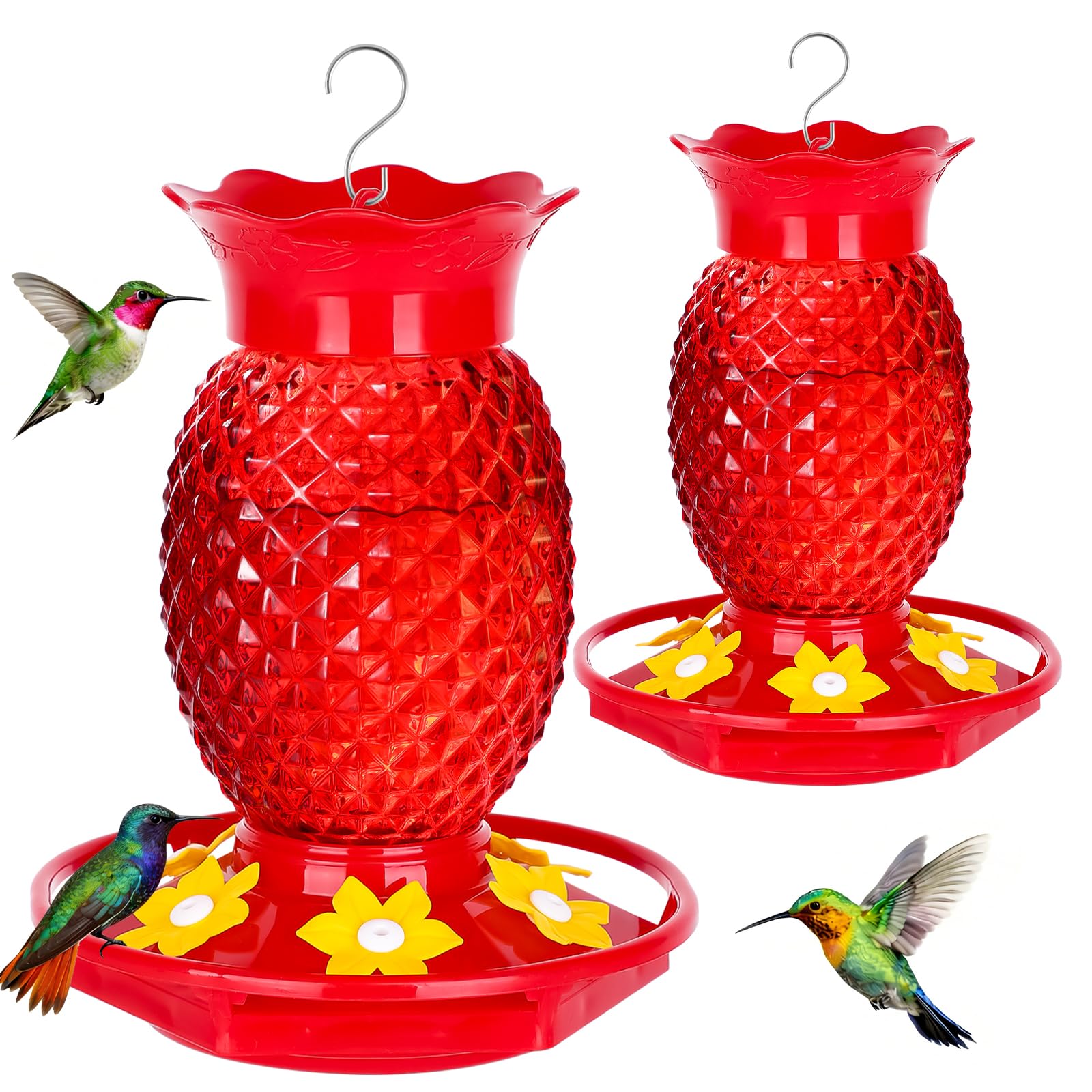 2 Pack Red Pineapple Glass Hummingbird Feeders, 16oz Hanging Outdoor Bird Feeder, 6 Feeding Ports 360° Perch, Bee & Ant Proof Leakproof Easy Clean, Perfect Gifts for Mom