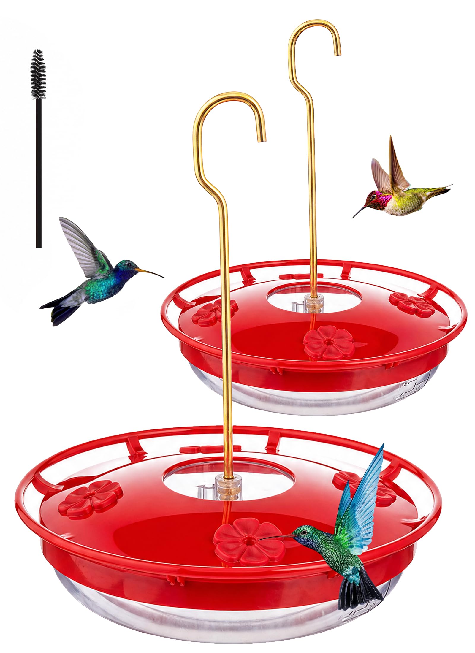 2 Pack 16oz Dish-Style Hummingbird Feeders for Outdoors, Leak-Proof with Built-in Scale, Ant Moat & 5 Feeding Ports, Wide Mouth Easy Clean BPA-Free Plastic for Garden Patio Backyard