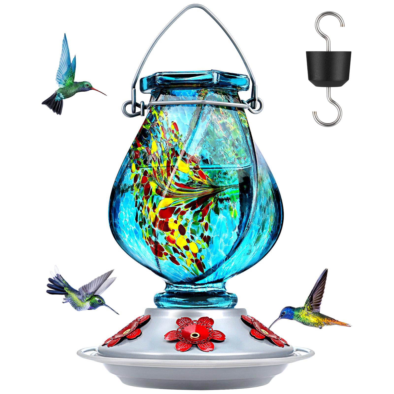 22oz Hand Blown Glass Hummingbird Feeder, Outdoor Hanging with Ant Moat, 5 Bee-Proof Feeding Ports, 360° Perch Leak-Proof Design, Blue Perfect Gift for Mom Dad Women Men
