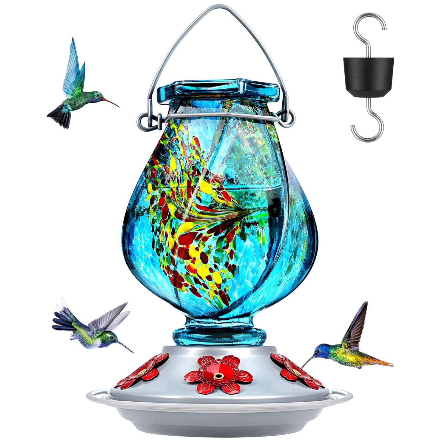 22oz Hand Blown Glass Hummingbird Feeder, Outdoor Hanging with Ant Moat, 5 Bee-Proof Feeding Ports, 360° Perch Leak-Proof Design, Blue Perfect Gift for Mom Dad Women Men