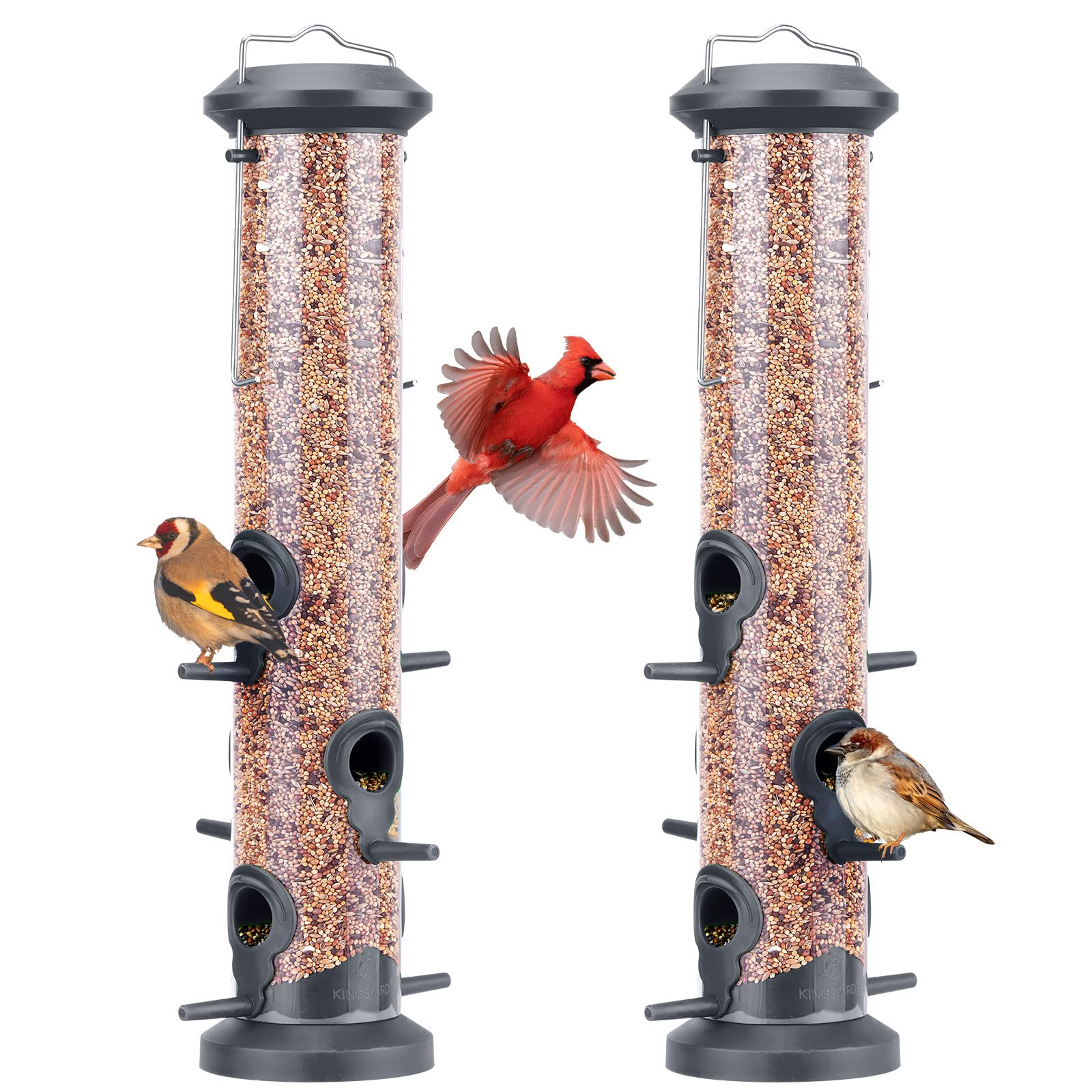 2 Pack Tube Bird Feeders 6 Feeding Ports Outdoor Hanging, Weatherproof Hard Plastic Wild Bird Feeder with Steel Hanger for Garden Yard