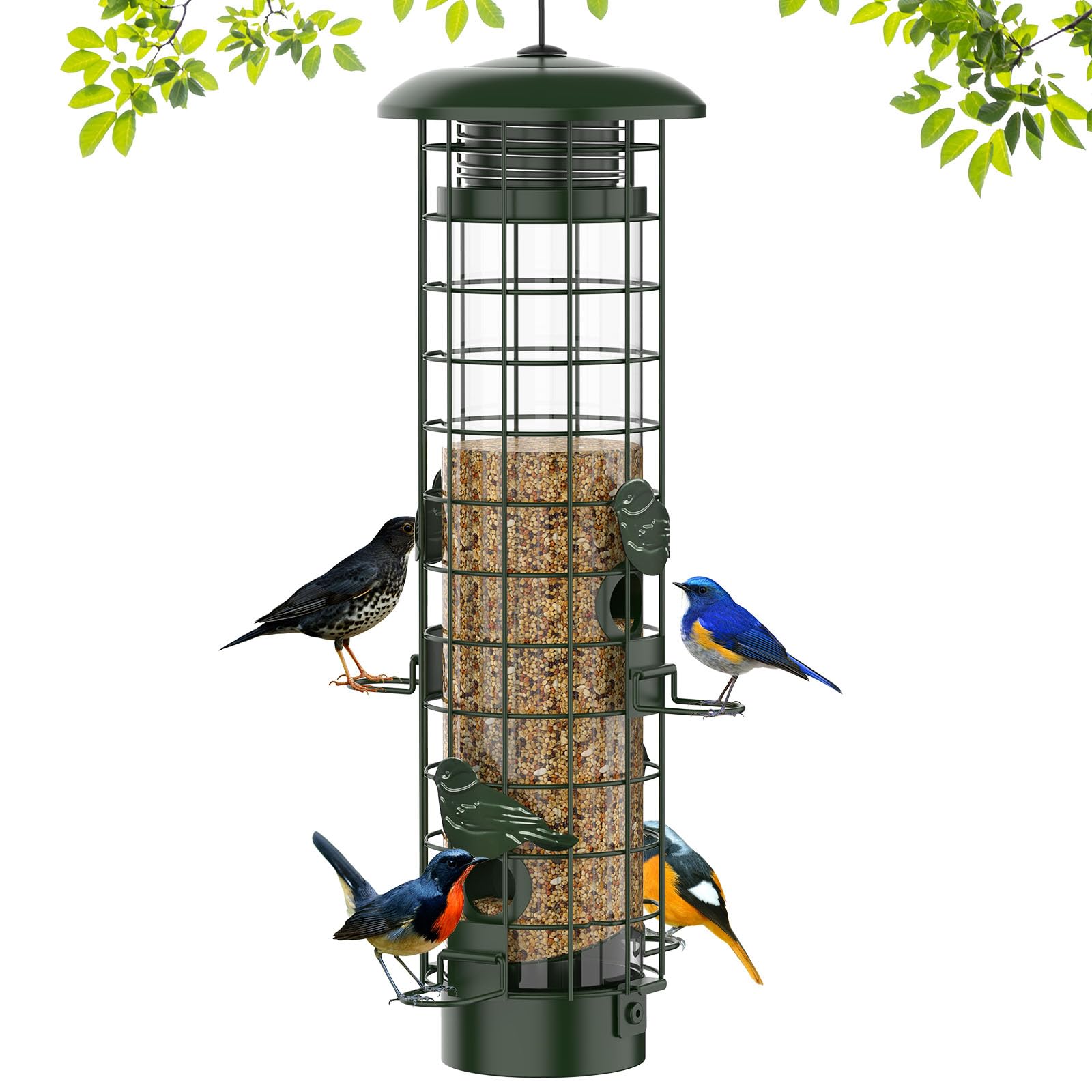 Squirrel Proof Metal Mesh Bird Feeder, Outdoor Hanging Gravity Protect Wild Bird Feeder, 3LB Large Capacity Green for Finch Cardinal Chickadee