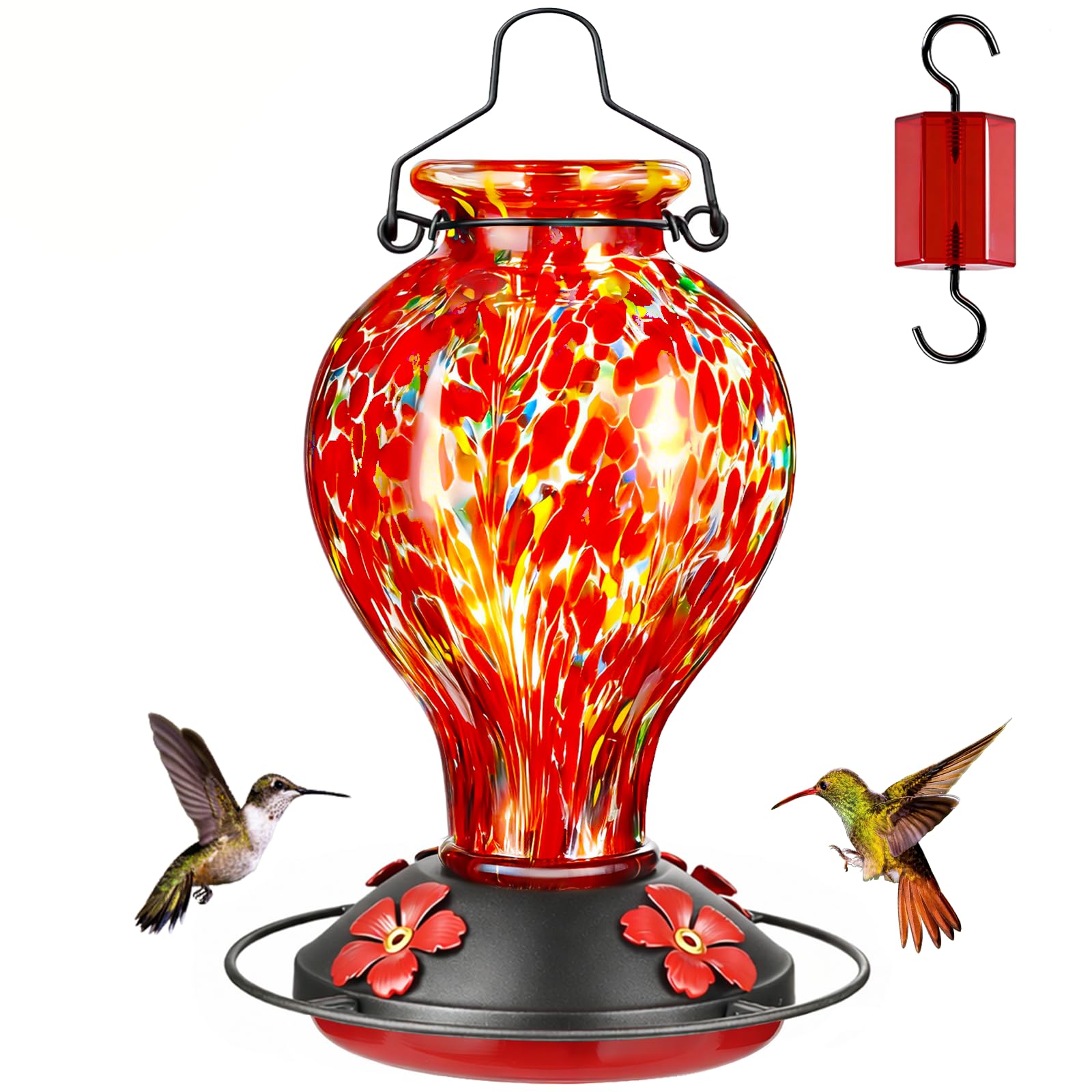 Hand Blown Glass Hummingbird Feeder, 24oz Hanging Wild Bird Feeder with Ant Moat Perch, Bee Resistant Ports, Red Polka Dots Garden Decor Gift for Mom Women