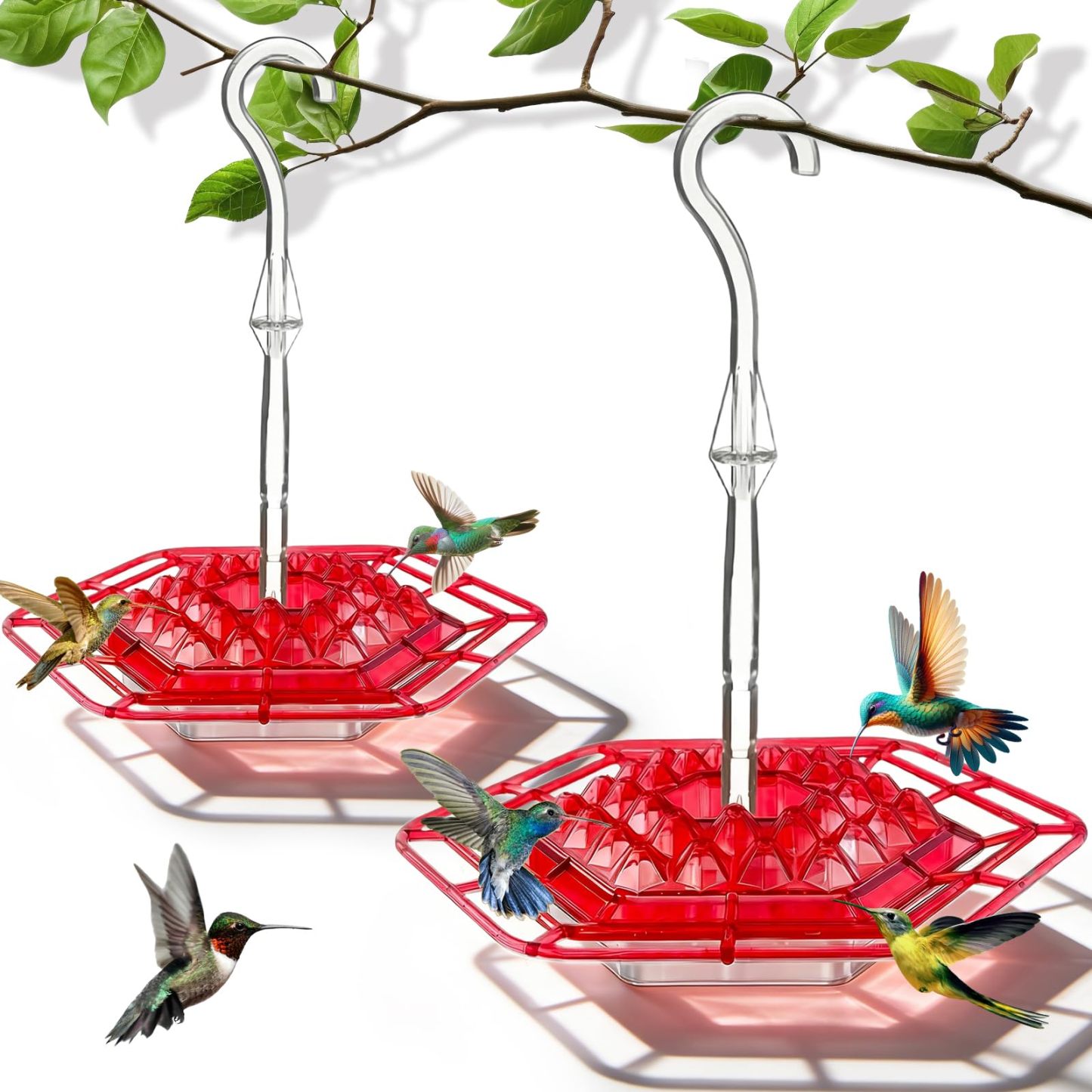 2 Pack Saucer Hummingbird Feeders, 30 Feeding Ports Outdoor Hanging Feeder with Integrated Ant Moat, Bee-Proof & Leak-Proof, Easy to Clean and Refill