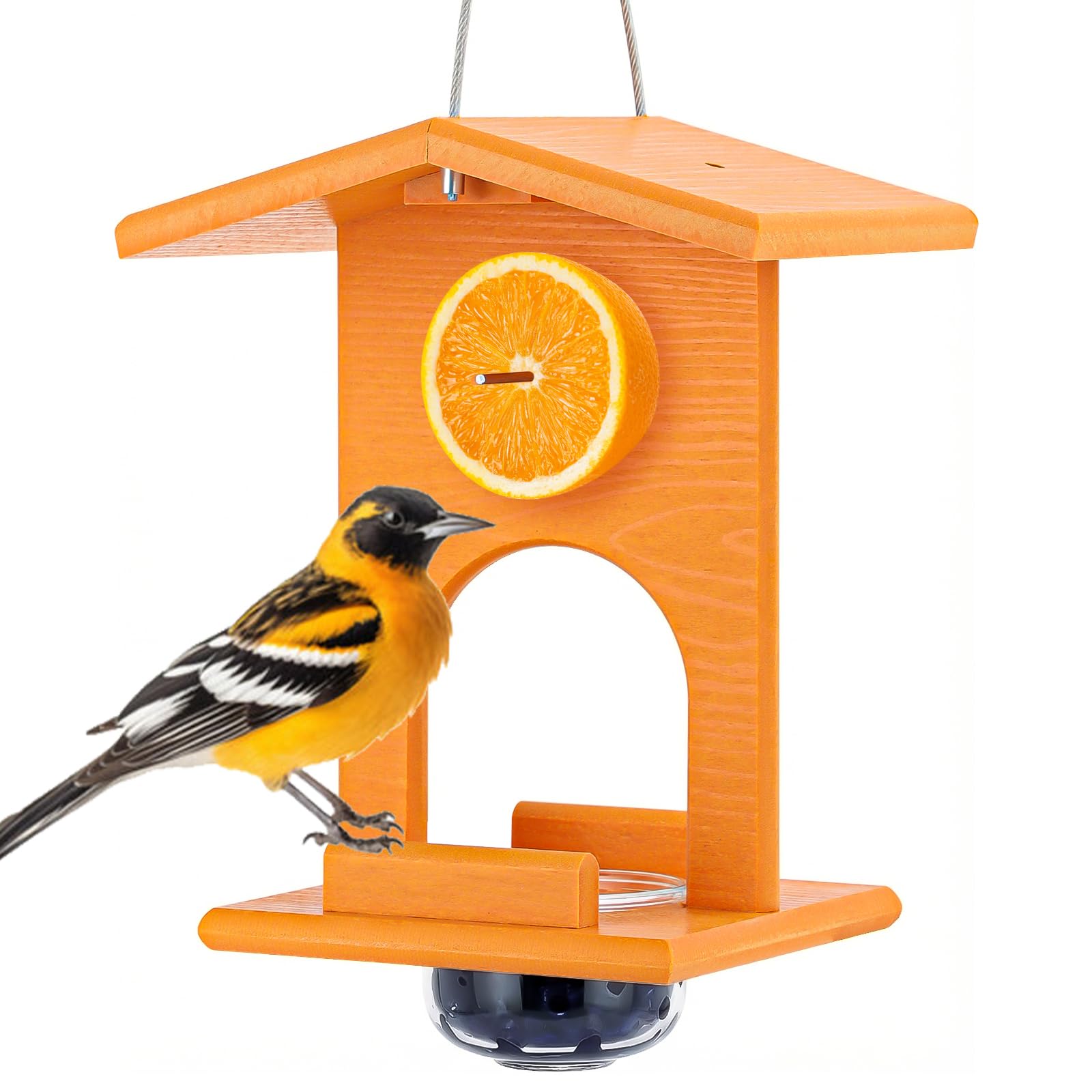 Oriole Feeders for Outdoors Hanging, All-in-One Recycled Plastic Oriole Feeder with Removable Glass Cup, for Jelly Jam Fruit Nectar Seed Feeding, Orange, 1 Pack