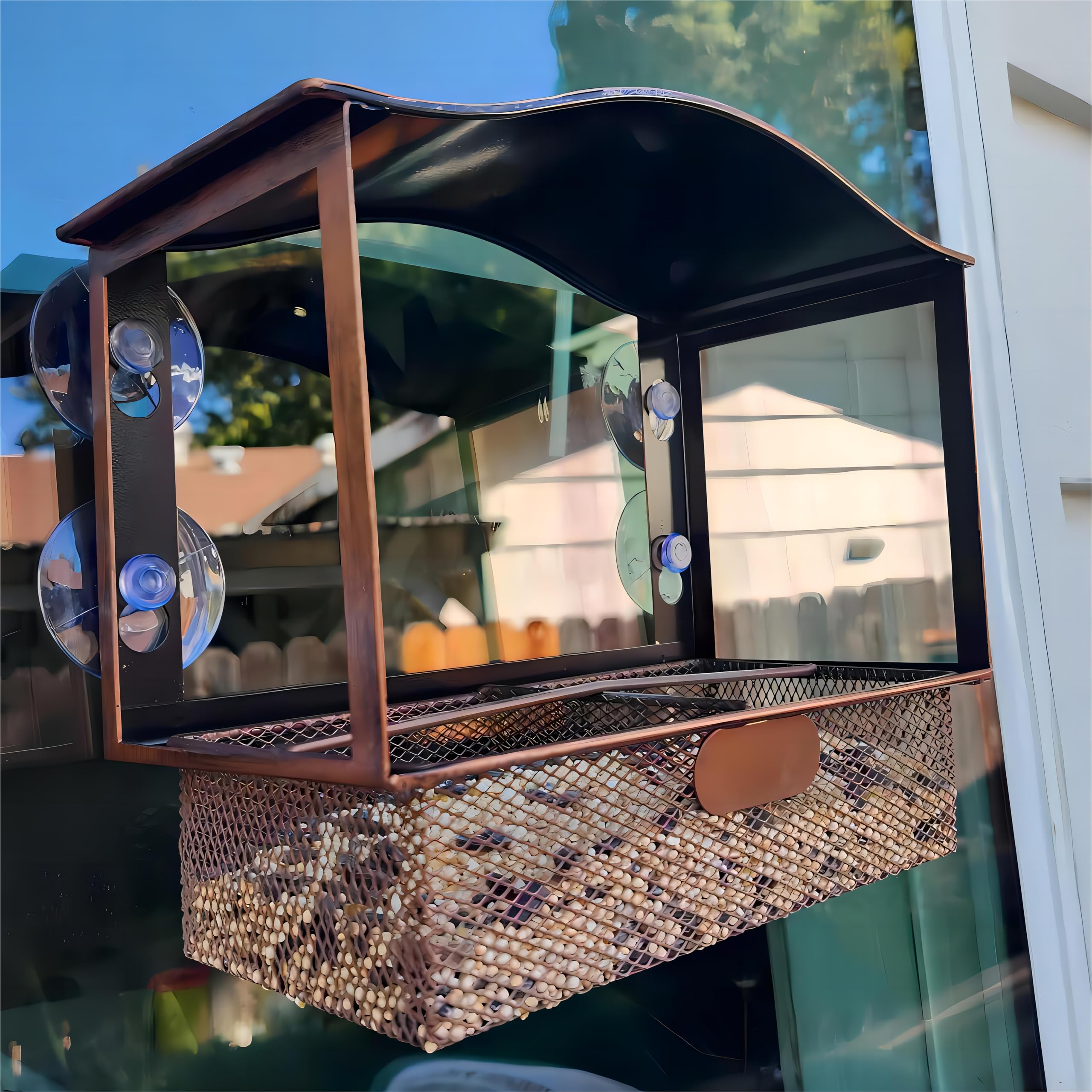 Window Mount Metal Bird Feeder with Wide View, Strong Suction Cups Outdoor Wild Bird Feeder for Bird Watching & Gifts