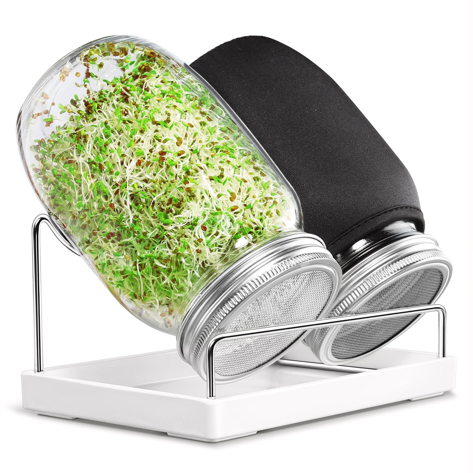 Seed Sprouting Jar Kit, 2 Pack Wide Mouth Mason Jars with 316 Stainless Steel Sprouting Lids, Drip Tray & Stand for Growing Broccoli, Alfalfa, Bean Sprouts