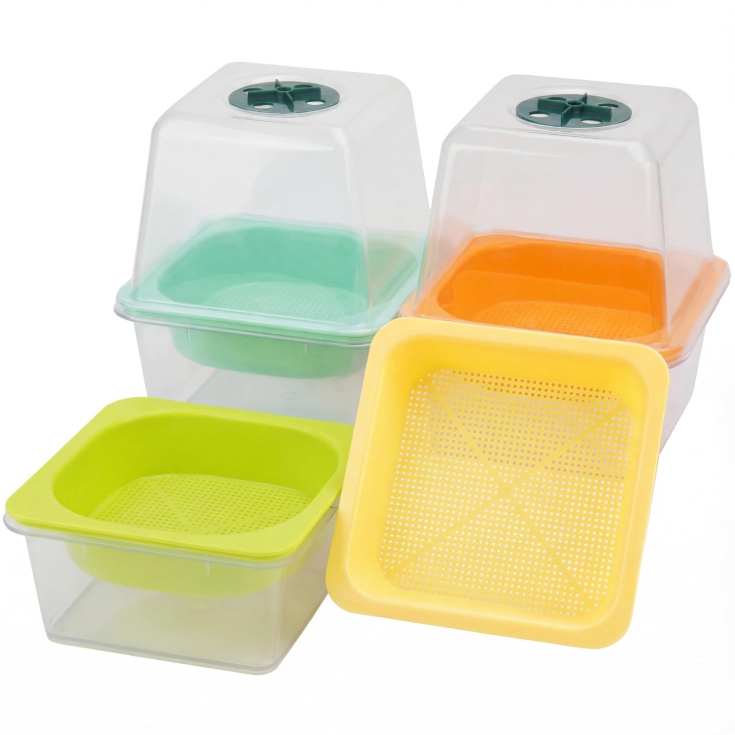 5" x 5" Microgreen Growing Trays with Humidity Dome, 4 Pack BPA Free Sprouting Trays, 1.2mm Small Mesh Holes for Broccoli, Alfalfa, Radish and Clover Seeds