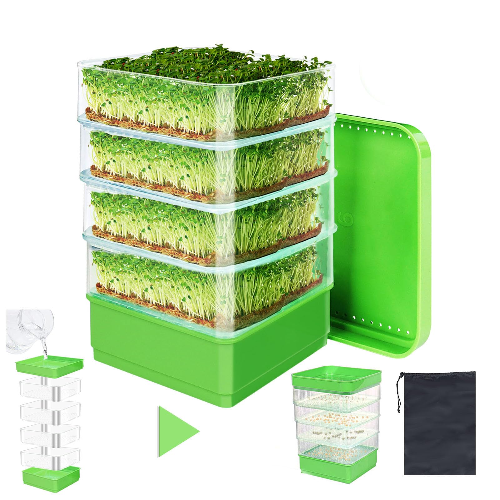 4-Tier Stackable Seed Sprouting Kit with Drain Holes & Drain Tray, Upgrade Ripple Soil-Free Sprouter Tray for Beans, Alfalfa & Microgreens