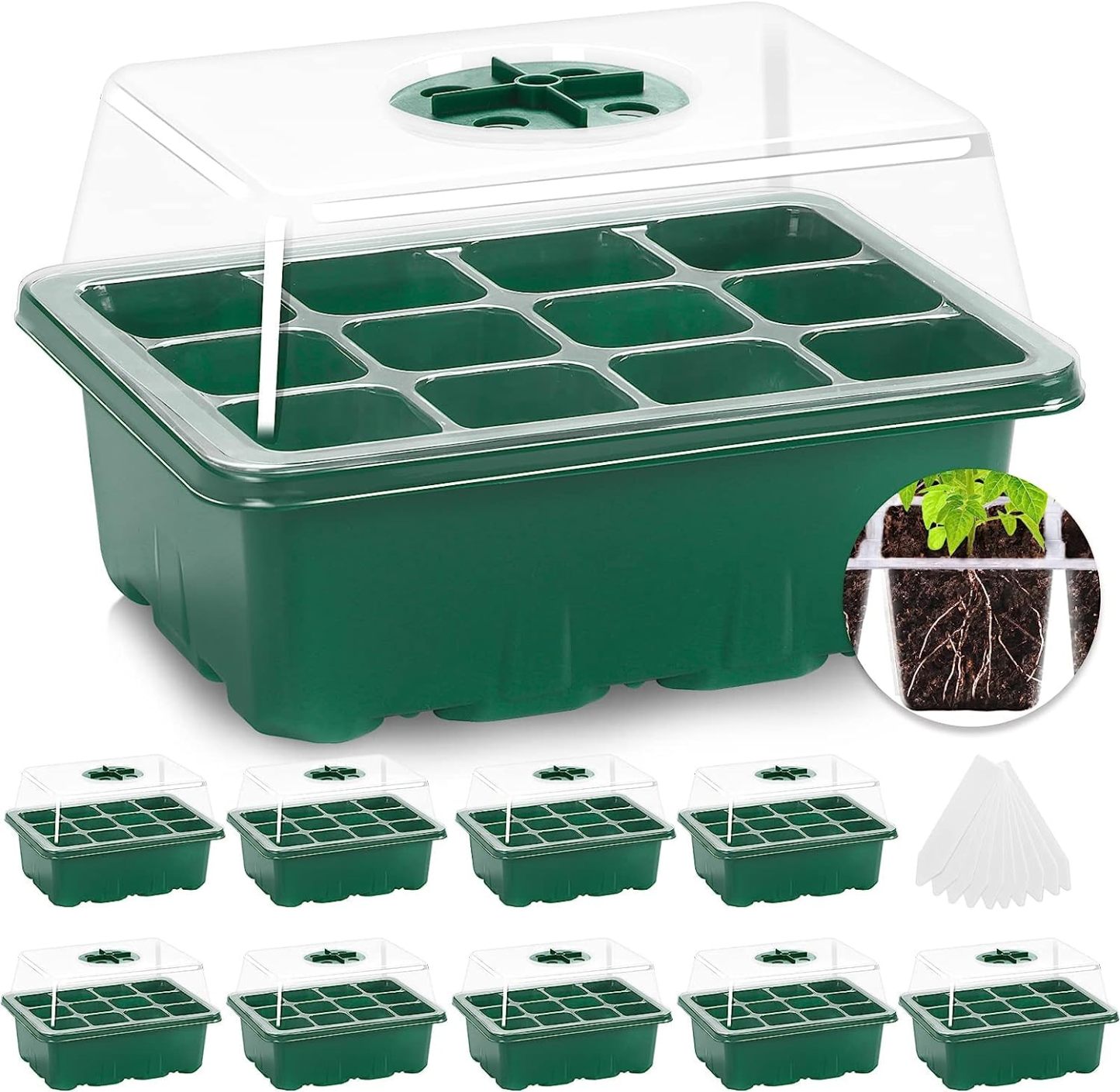 10 Packs Seed Starter Tray Kit with Humidity Dome, 120 Cells Total Seed Starting Trays, Mini Greenhouse Germination Kit with Base for Plant Seed Starting