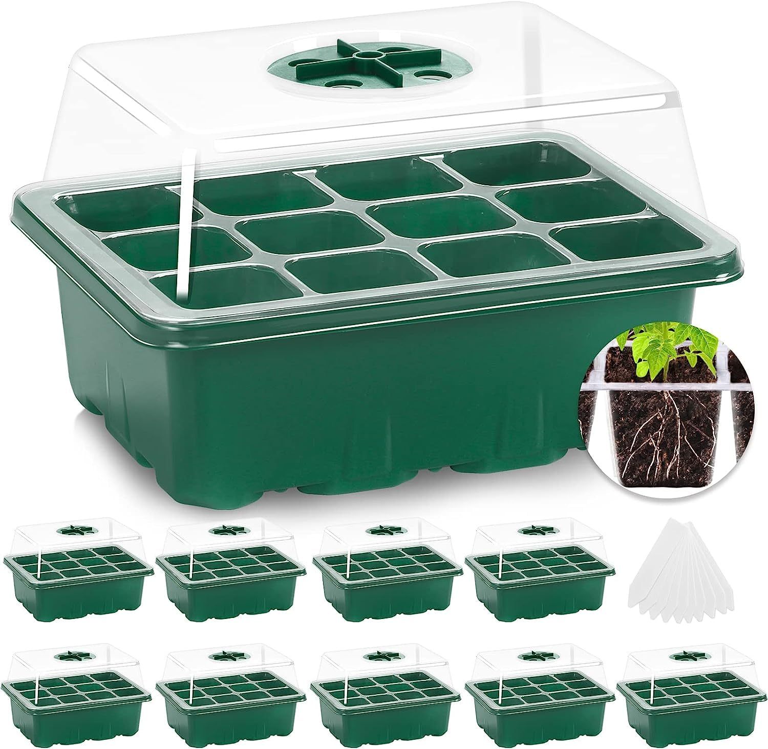10 Packs Seed Starter Tray Kit with Humidity Dome, 120 Cells Total Seed Starting Trays, Mini Greenhouse Germination Kit with Base for Plant Seed Starting