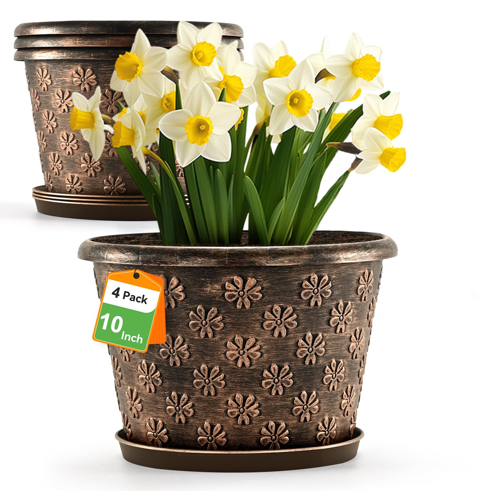 4 Pack 10 Inch Plastic Plant Pots, Large Resin Flower Planters with Drainage Hole & Removable Saucer, Retro Decorative Plant Pots for Indoor Outdoor Home Garden