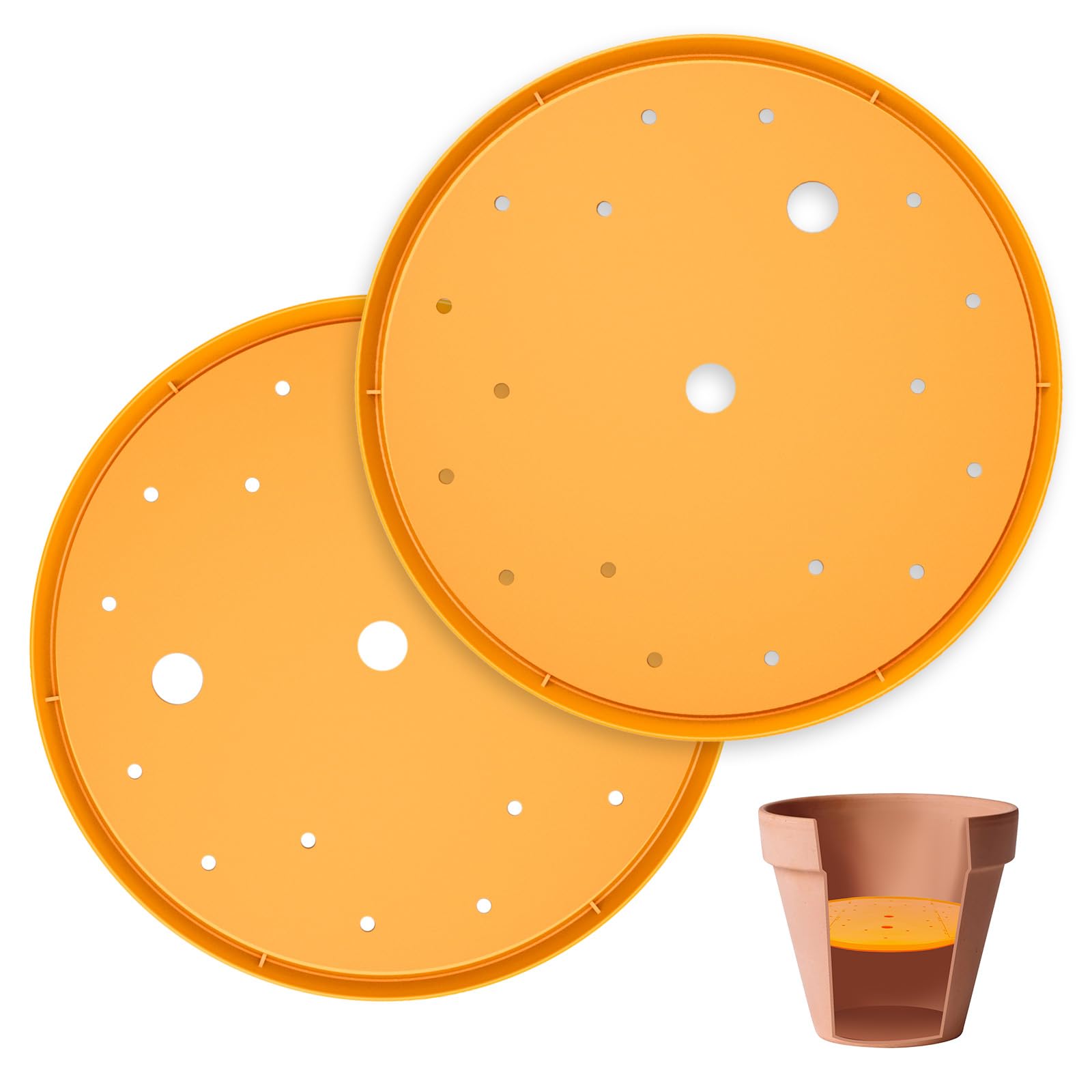 2Pcs 13 Inch Orange Round Planter Insert, Plastic Pot Bottom Drainage Tray with Holes, Soil Saving Insert Divider for Tall Flower Plant Pots