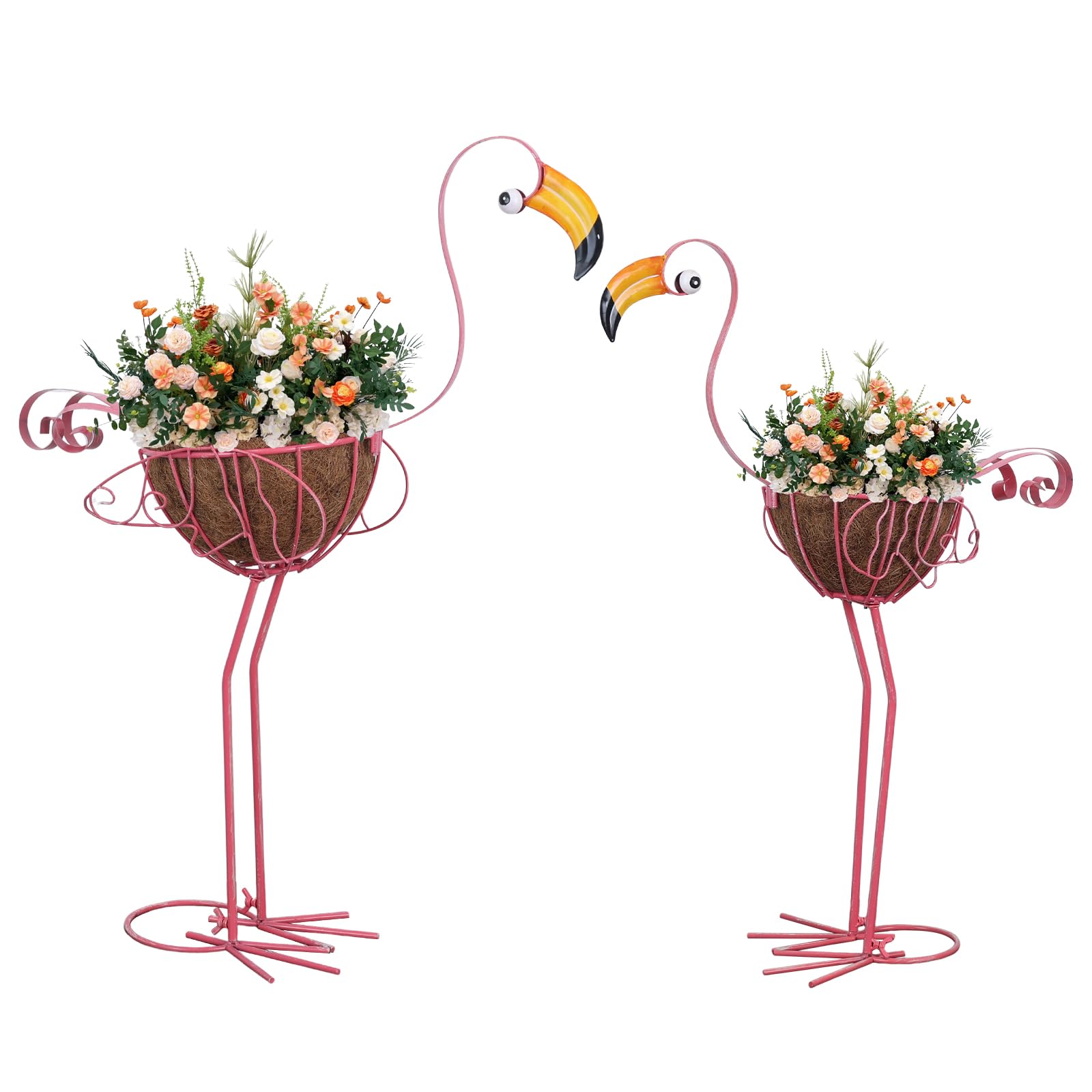 Set of 2 Pink Flamingo Planters with Basket, Metal Standing Flower Pots, Outdoor Yard Art Decor for Home Garden Porch Lawn Patio Pool
