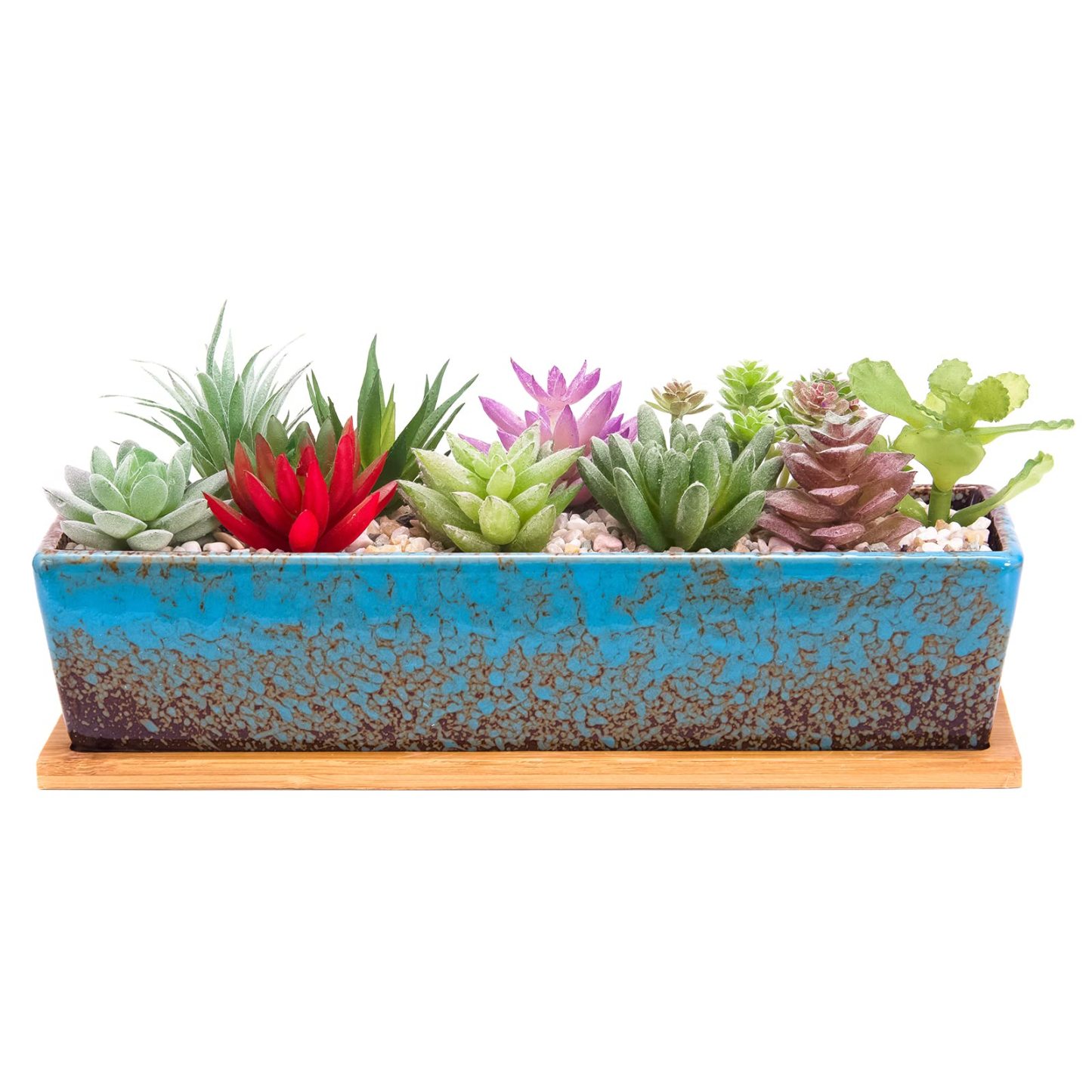 12 Inch Rectangular Ceramic Succulent Planter, Shallow Bonsai Flower Pot with Drainage Hole & Bamboo Tray, Home Garden Window Box for Cactus Plant Decor