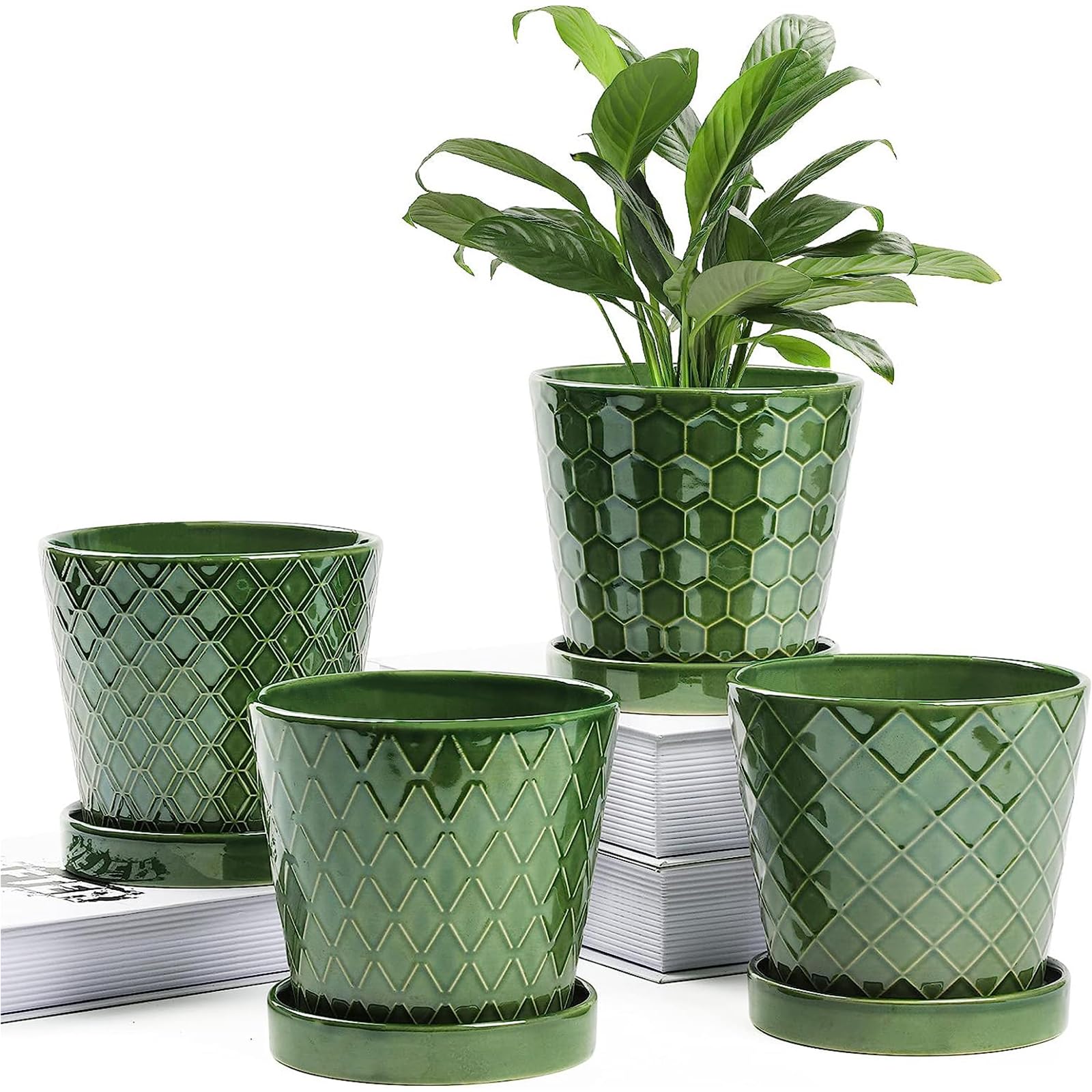 Set of 4 Ceramic Plant Pots, 5 Inch Indoor Flower Planters with Drainage Hole & Matching Tray, Decorative Plant Pots for Home Desktop Office Windowsill, Plants Not Included