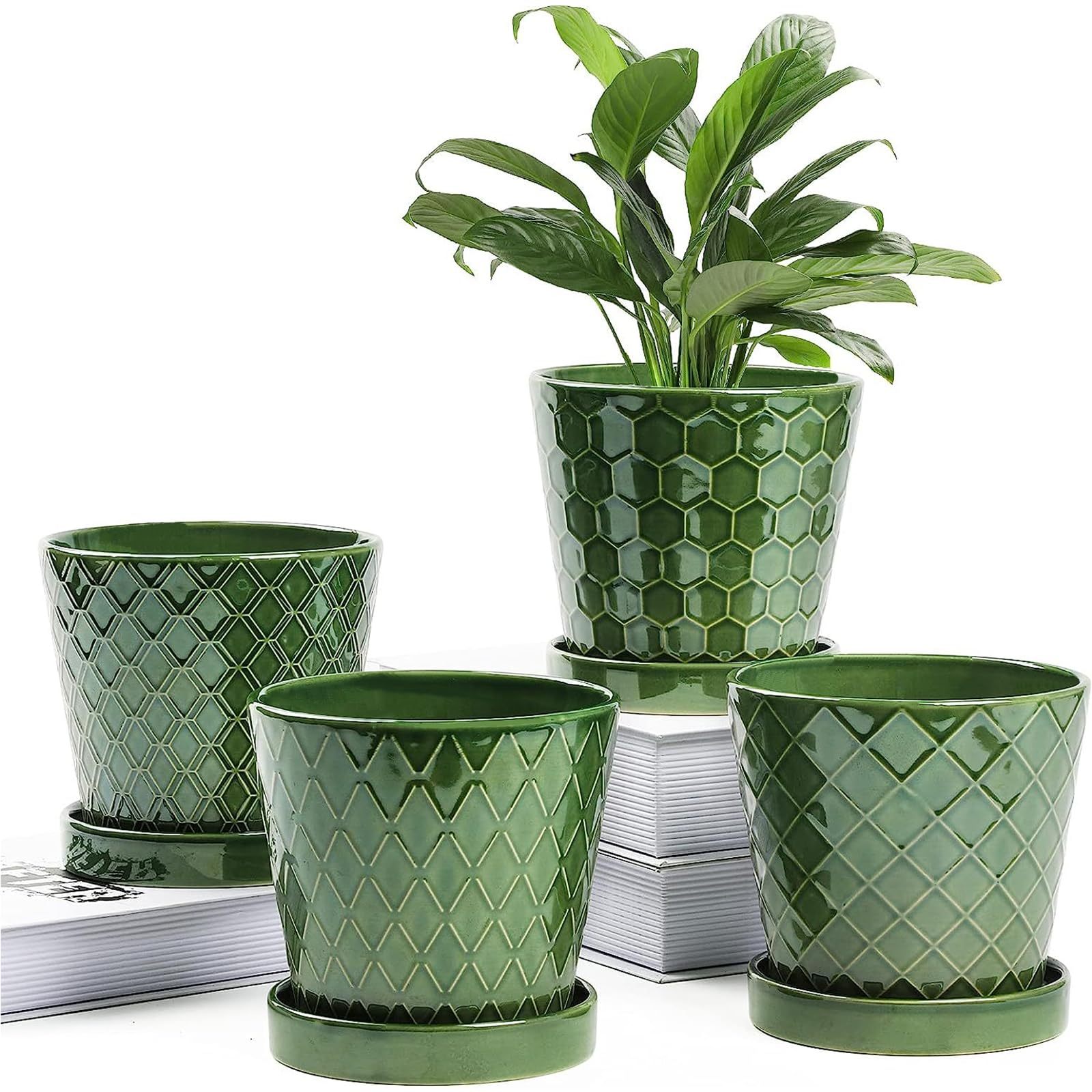 Set of 4 Ceramic Plant Pots, 5 Inch Indoor Flower Planters with Drainage Hole & Matching Tray, Decorative Plant Pots for Home Desktop Office Windowsill, Plants Not Included