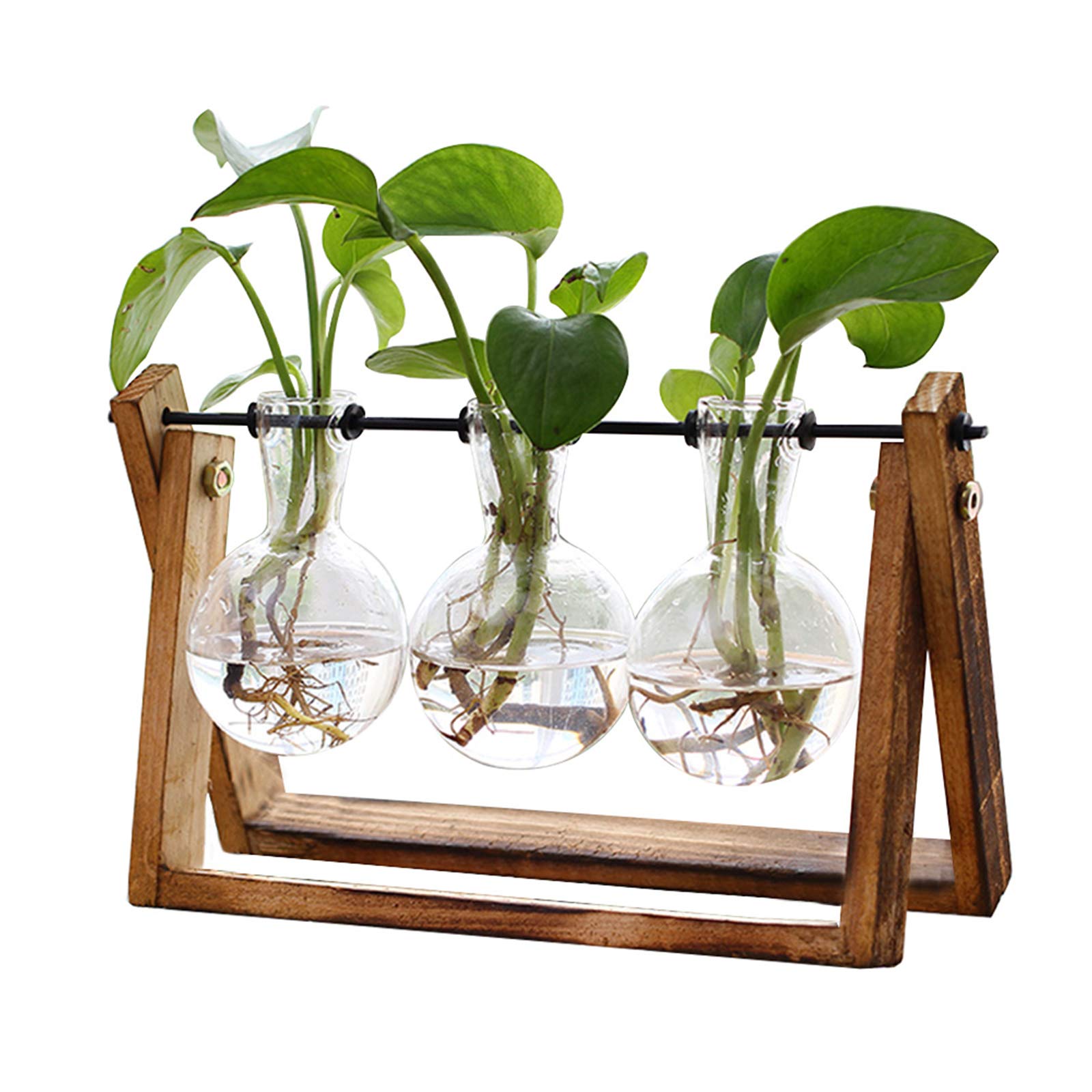 3 Pack Glass Bulb Plant Terrarium with Wooden Stand, Retro Swivel Metal Holder Hydroponic Vase, Tabletop Air Planter for Home Office Garden Decor