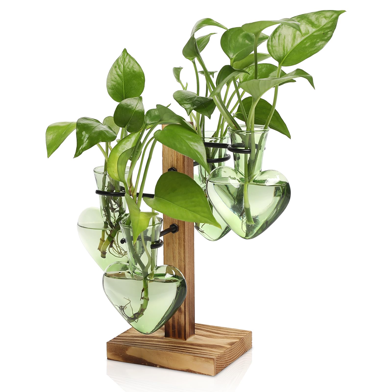 4 Pcs Love Bulb Glass Propagation Station with Wooden Stand, Hydroponic Plant Terrarium Vase, Indoor Home Office Decorative Gardening Gift for Women