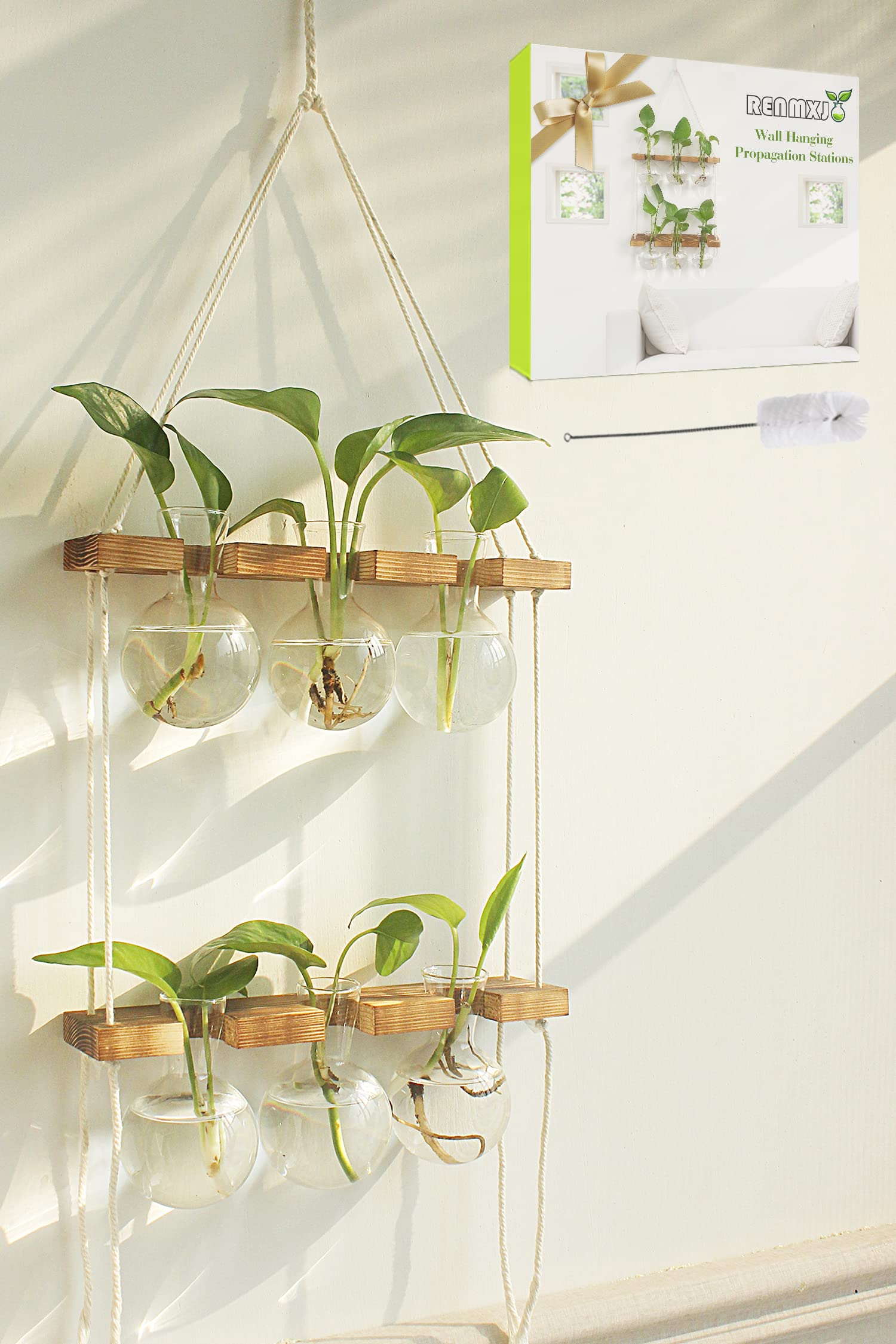 2 Tier Wall Hanging Plant Propagation Station, Wooden Stand Hydroponic Terrarium with 6 Bulb Glass Vases, Home Wall Decor Gardening Gifts for Plant Lovers