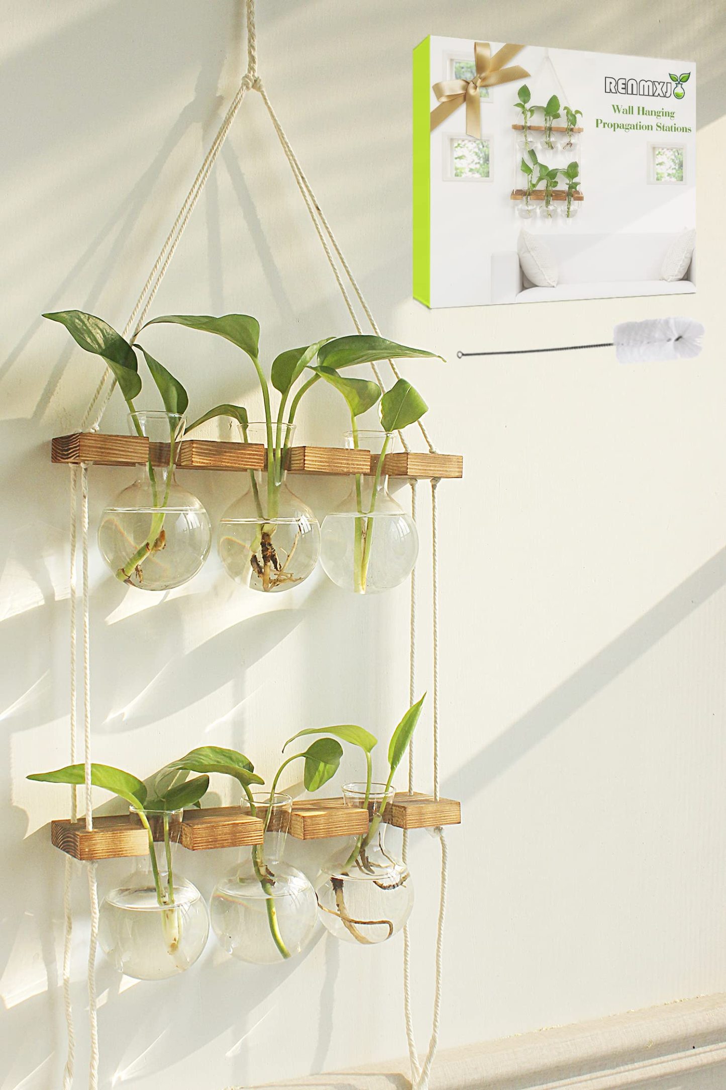 2 Tier Wall Hanging Plant Propagation Station, Wooden Stand Hydroponic Terrarium with 6 Bulb Glass Vases, Home Wall Decor Gardening Gifts for Plant Lovers