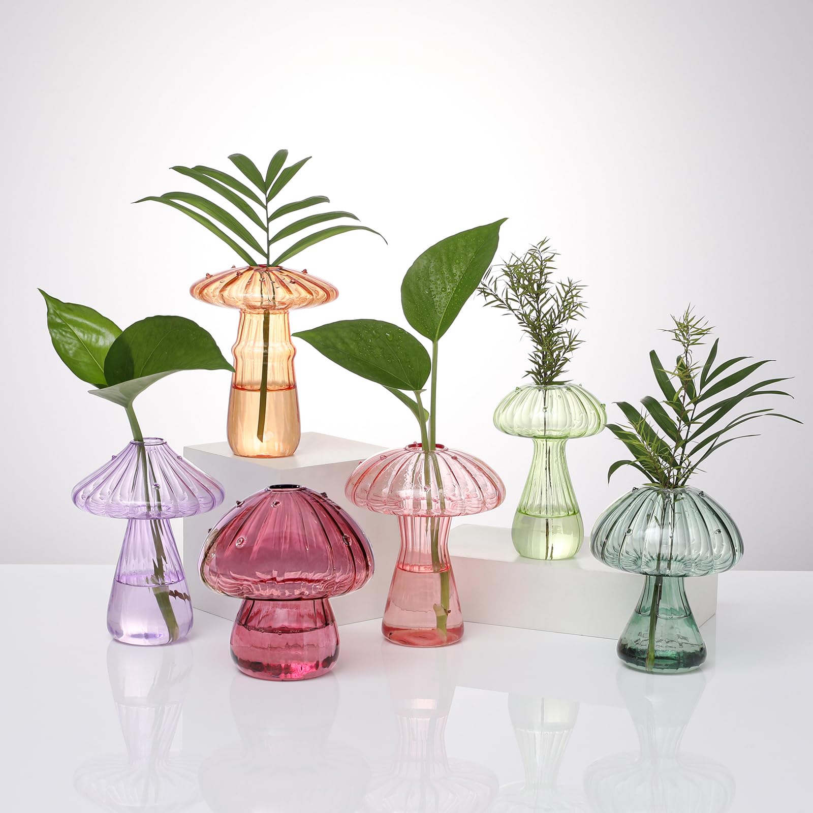 6 Pack Mushroom Shaped Glass Vases, Colored Plant Propagation Station, Mini Hydroponic Terrarium Pot, Cute Indoor Flower Decor Gift for Women