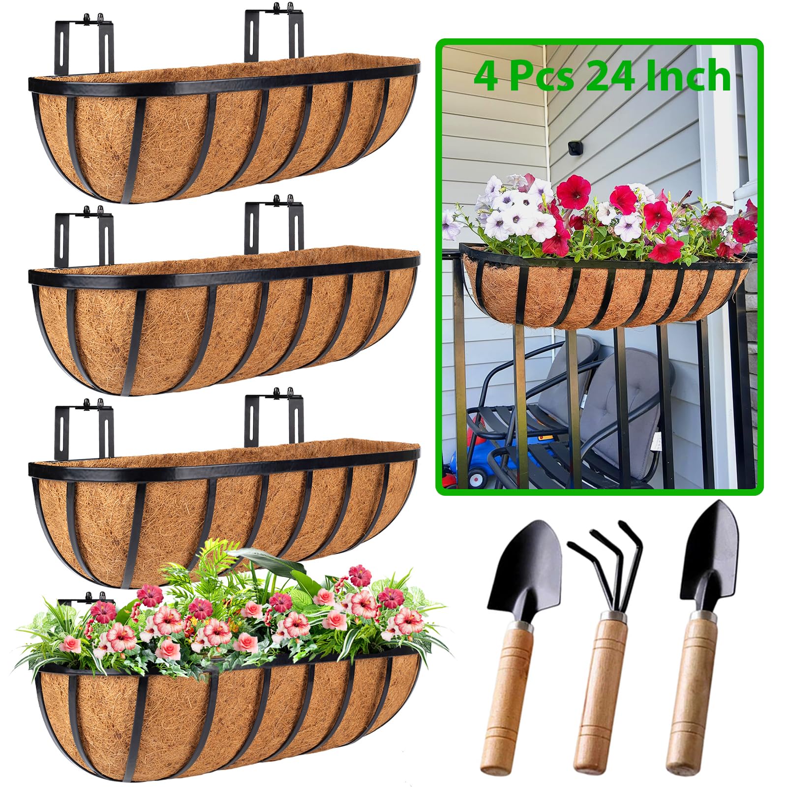 24 Inch Hanging Railing Planter Boxes, Outdoor Window Planters for Deck Balcony Fence Garden Decor