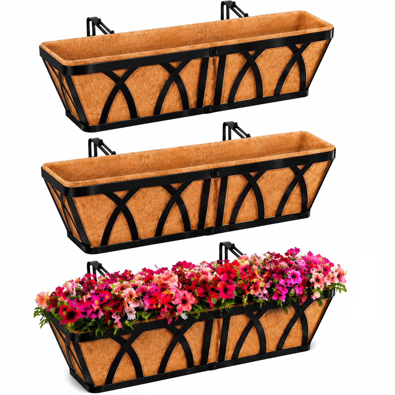 3 Pack 24 Inch Hanging Railing Planter Boxes, Outdoor Window Planters for Deck Balcony Fence Garden